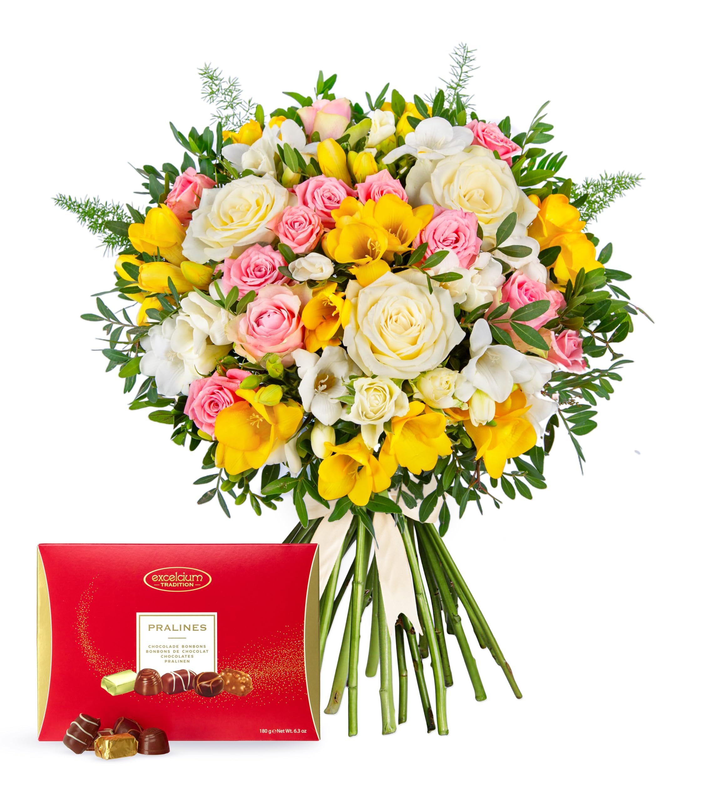 Rose & Freesia Fresh Bouquet with Chocolates – Birthday, Anniversary, Thank You Gift