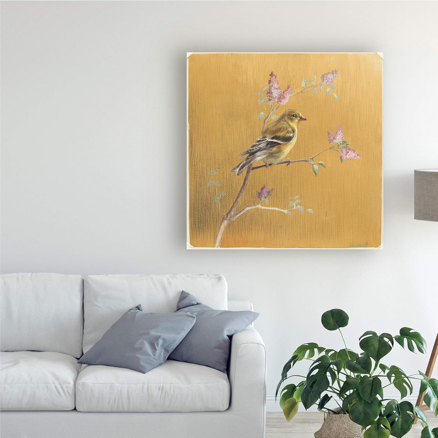 14" x 14" Gold Canvas Art with Female Goldfinch
