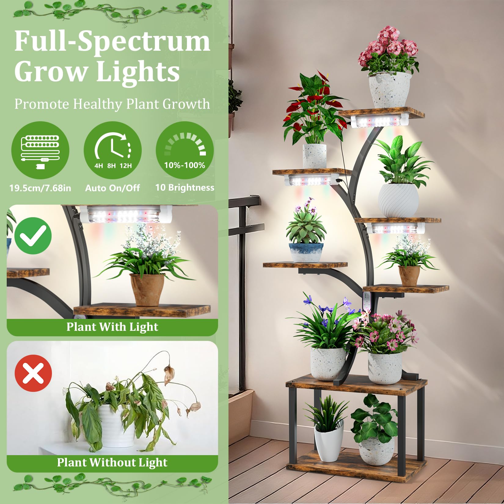 unho Domowy stojak na rośliny z lampą roślinną, 7-poziomowy 150 cm regał na kwiaty, drewno MDF i metal, stojak na kwiaty do wnętrz ze światłem rosnącym roślin, do salonu balkonu