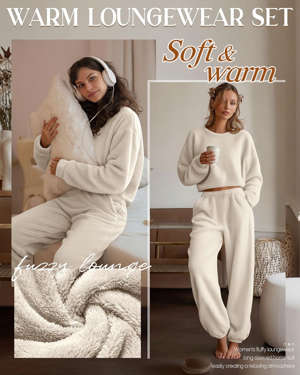 2 Piece Women's Fuzzy Pajamas Sets Long Sleeve Crop Top Fleece Pullover Casual Fluffy Pants Loungewear Sleepwear - Image 4