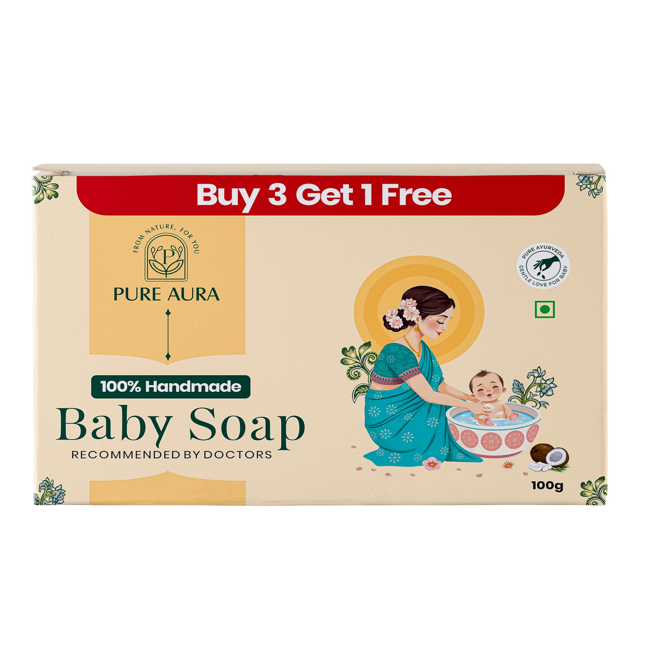 Pure Aura Baby Soap 100g – Buy 3, Get 1 Free, Gentle, Chemical-Free Soap with Coconut Oil, Shea Butter & Jojoba Oil – Ideal for Sensitive Baby Skin, Moisturizing & Nourishing Care-image-30