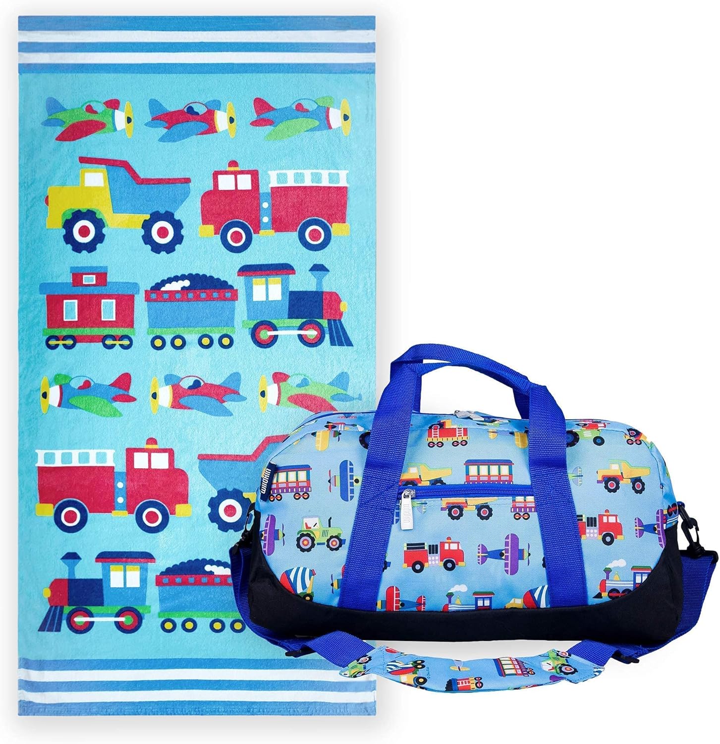 Wildkin Kids Duffel Bag Bundle with Beach Towel – Travel, Sleepover, Pool & Beach Day Set - Trains, Planes and Trucks