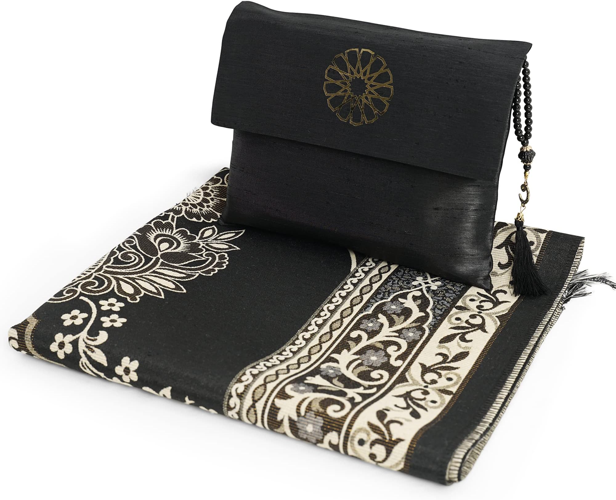 SAQENZA Muslim Prayer Rug - Prayer Mat with Travel Bag , Prayer Beads - Muslim Gifts - Ramadan Gifts for Men, Women and Kids - Islamic Gifts ( Black-2 )