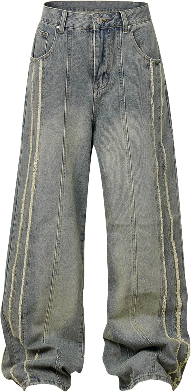 Aelfric Eden Mens Jeans Fringe Line Wide Leg Vintage Jean Y2k Hip Hop Baggy Trousers Unisex Streetwear Casual Denim Pants