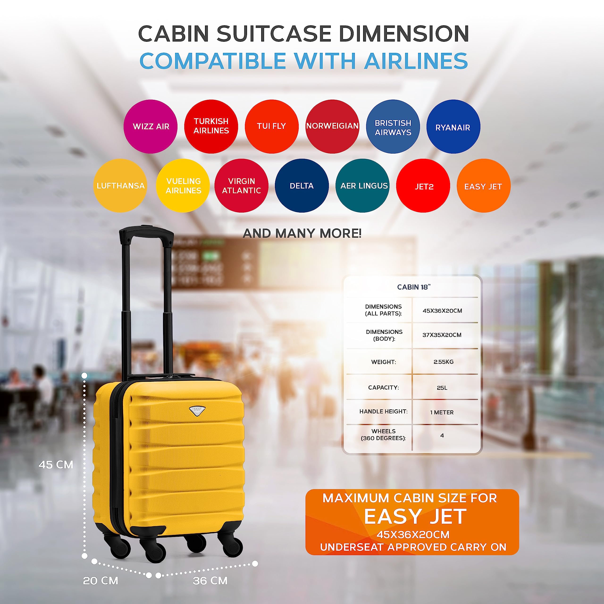 Flight Knight EasyJet Cabin Bag 45x36x20, Underseat, Lightweight Small Durable 4 Wheel Cabin Suitcase, Maximum Carry-On Size, ABS Hard Shell, 10kg Hand Luggage Bag- 45 x 36 x 20 cm Travel Bag