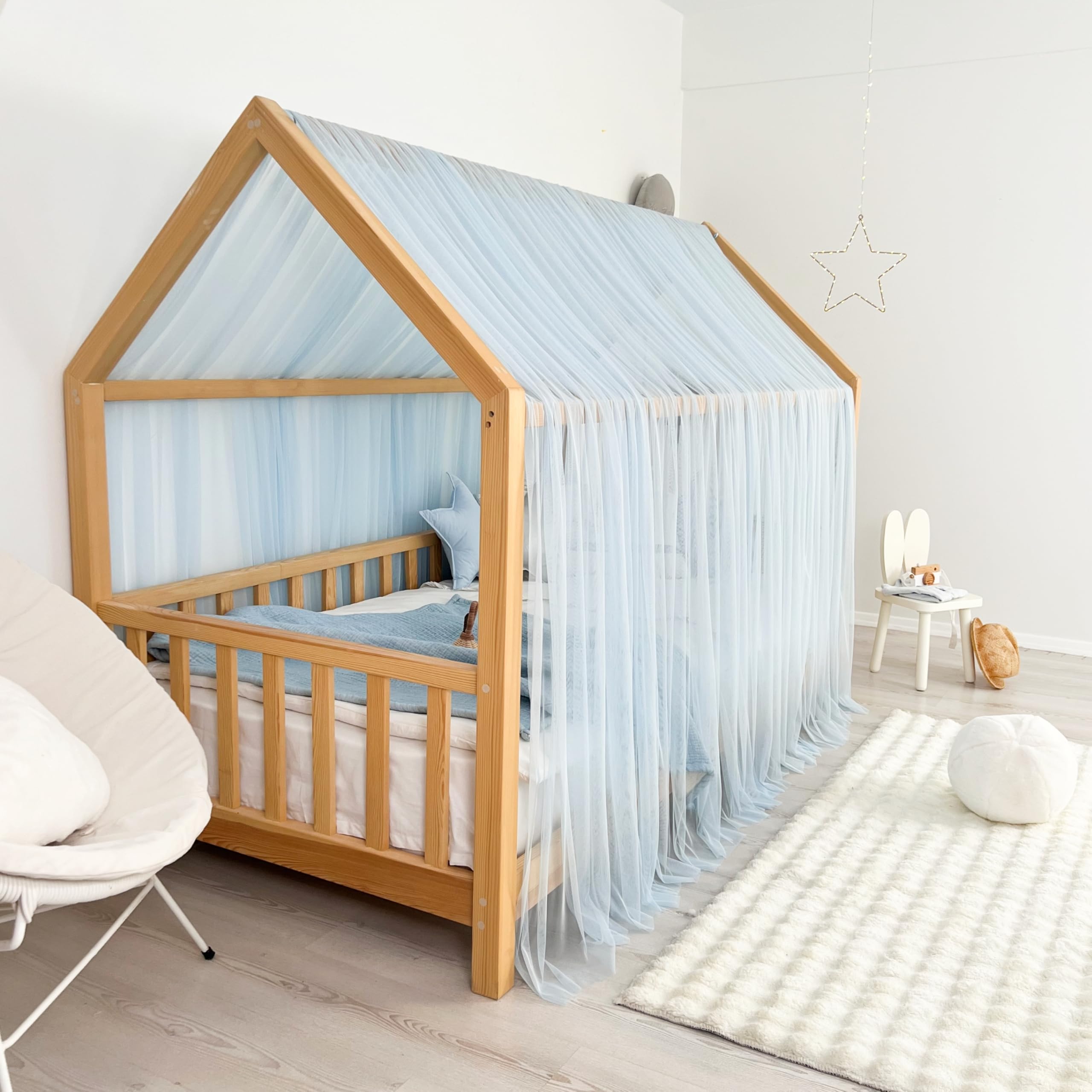 Tenda a baldacchino per letto della cameretta dei bambini, decorazione per letto montessori, tenda da gioco in morbido tulle per bambini (blu, 340 cm, set da 4)