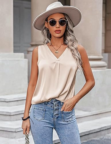Miniatura 2 de Zeagoo Camiseta sin mangas de satén de seda para mujer, cuello en V, casual, sin mangas, blusa básica de verano