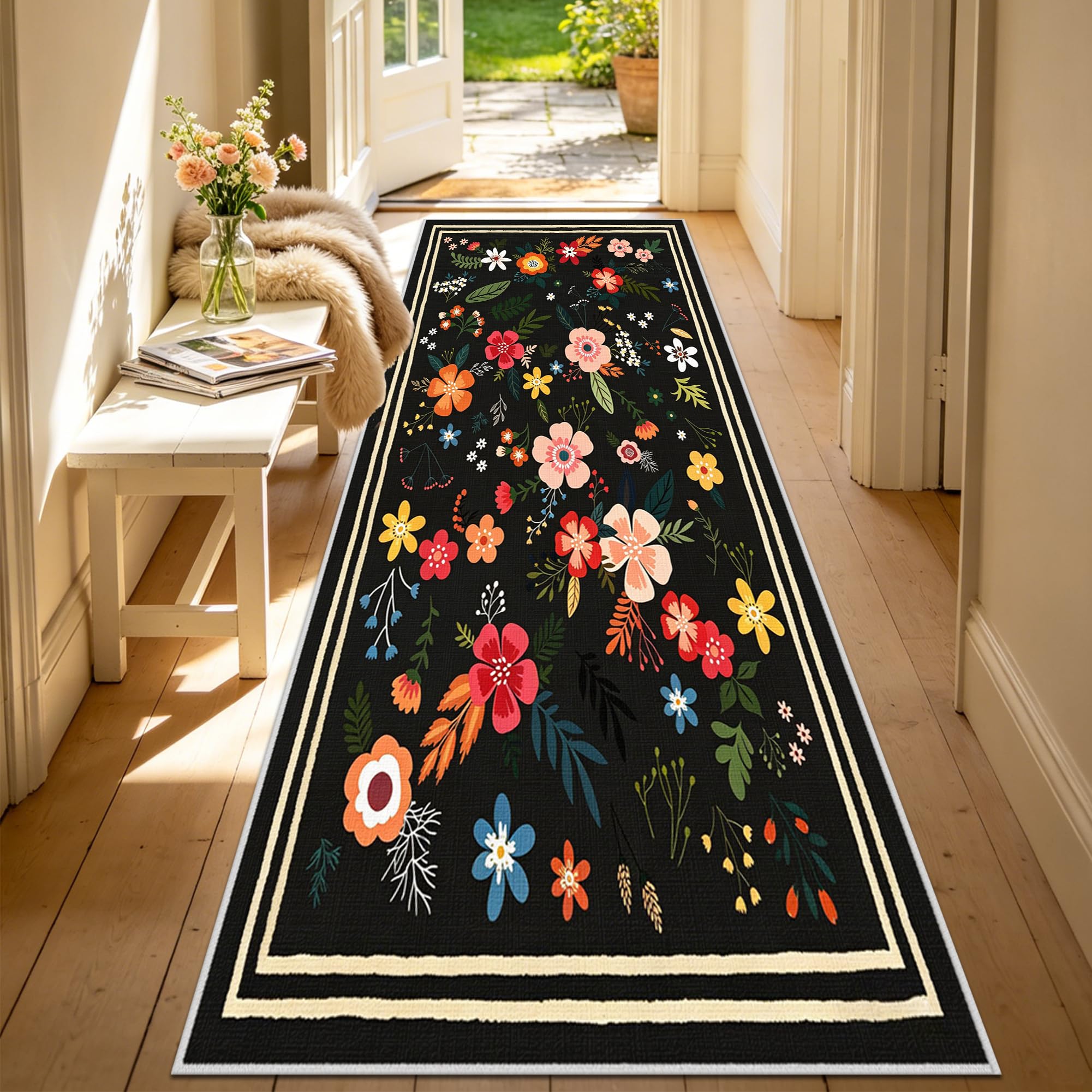 Alfombra pasillo negra 70x200 cm antideslizante lavable para el hogar