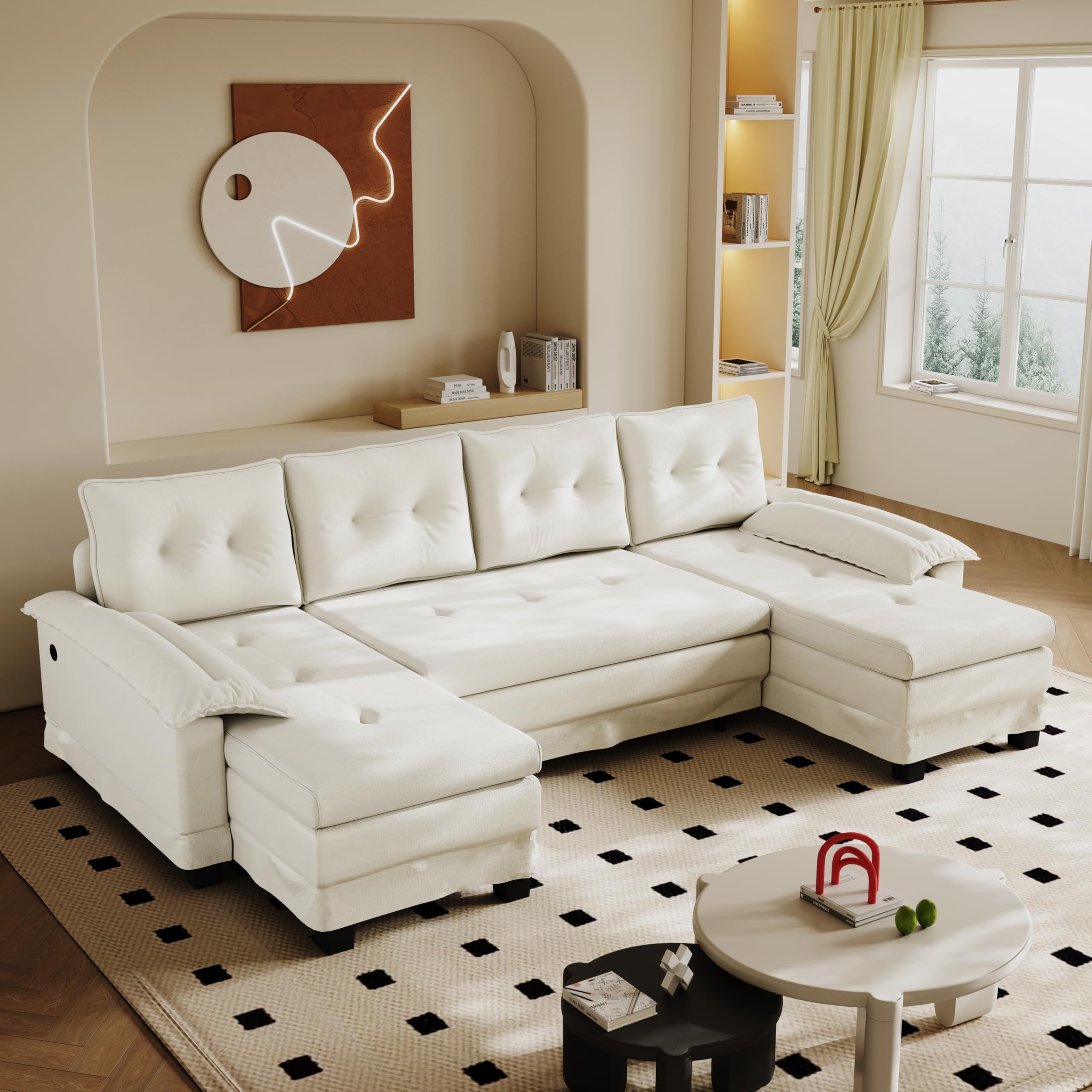 Zepneiy Canapé modulable en U 278 cm, Canapé-lit Multifonction 2 en 1 avec lit gigogne et Ports USB, Canapé 5 Places Moderne avec accoudoirs Amovibles, Convient aux Salons et aux Bureaux, Beige