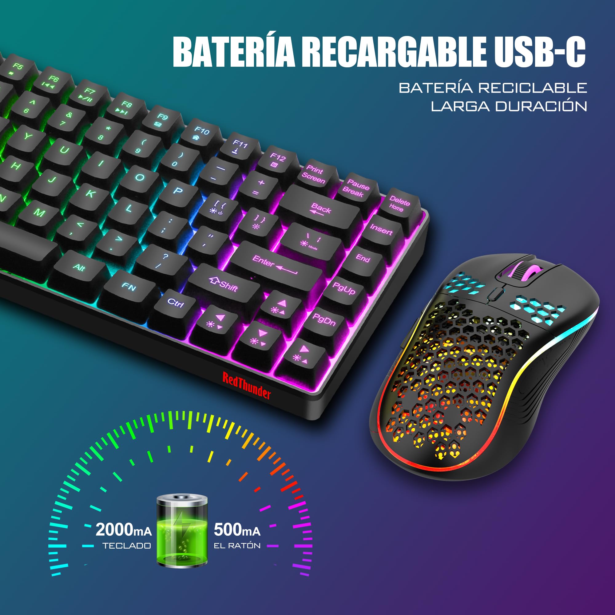 RedThunder 75% Teclado Inalámbrico Gaming,Retroiluminación RGB,Ratón Celular Ligero de 3200 dpi,Teclado Ultra-Compacto 85 Teclas Anti-ghosting,Disposición ES,para PC/PS5/Xbox