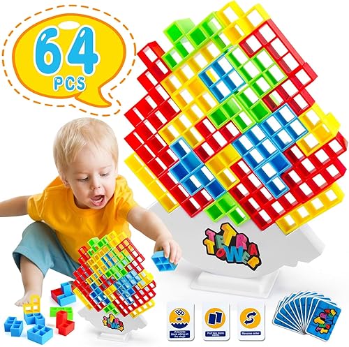 KISPATTI Juego de apilamiento de torre Tetra de 64 piezas, divertido juego de mesa de ataque apilable, juego de torre de equipo para niños y