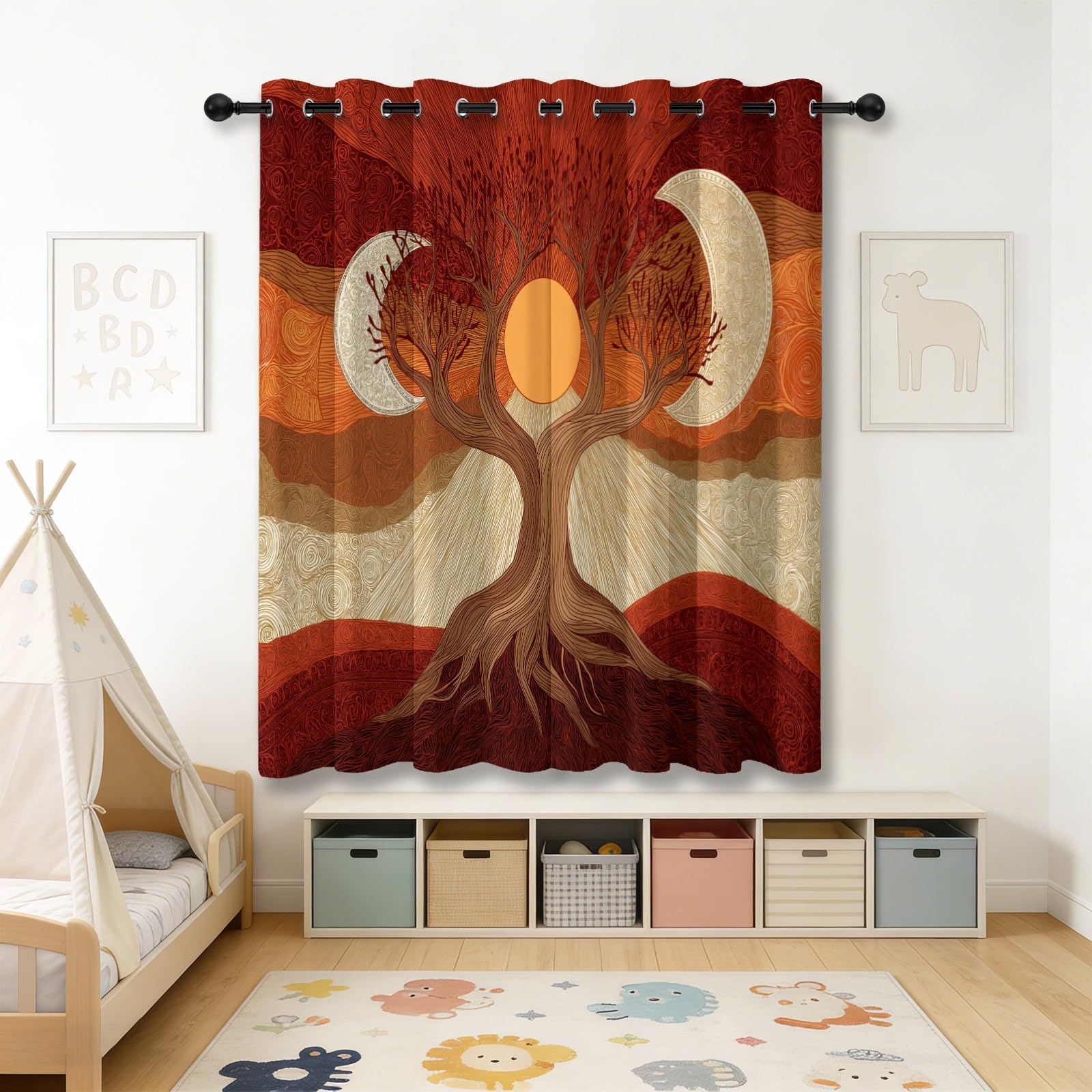 Cortinas opacas naranjas y marrones, cortinas opacas abstractas con estampado de árboles, sol y luna, juego de 2 unidades, 245 x 100 cm (alto x ancho), cortinas para dormitorio, salón