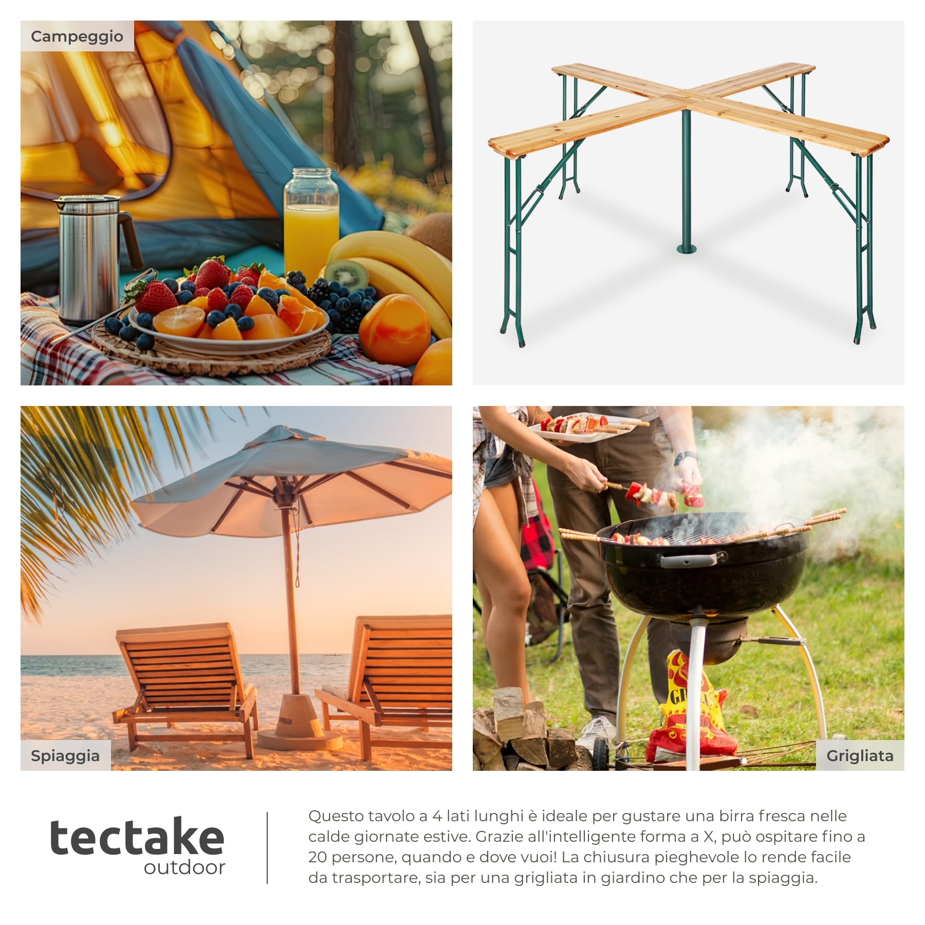 tectake® Set da Birreria con 4 Piani, Tavolo Pieghevole da Esterno, Ideale per Bar, Giardino, Balcone, Resistente alle Intemperie, Supporto per Ombrellone Incluso - 241 x 241 x 103 cm