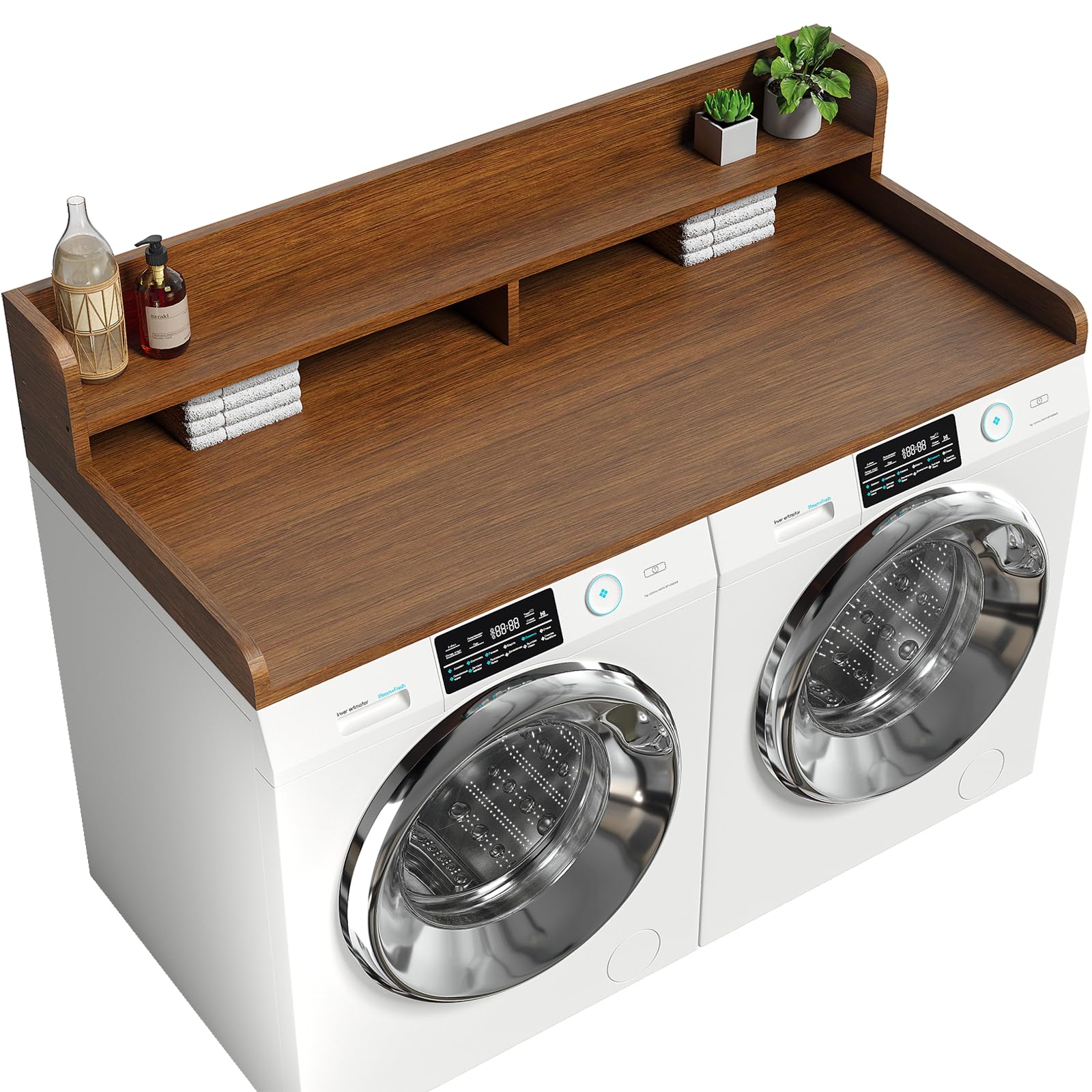 2-tier washer dryer countertop with 2.75" h edge rails, 58" w x 28" d laundry countertop for folding clothes, washer and dryer topper with non-slip pad (brown)