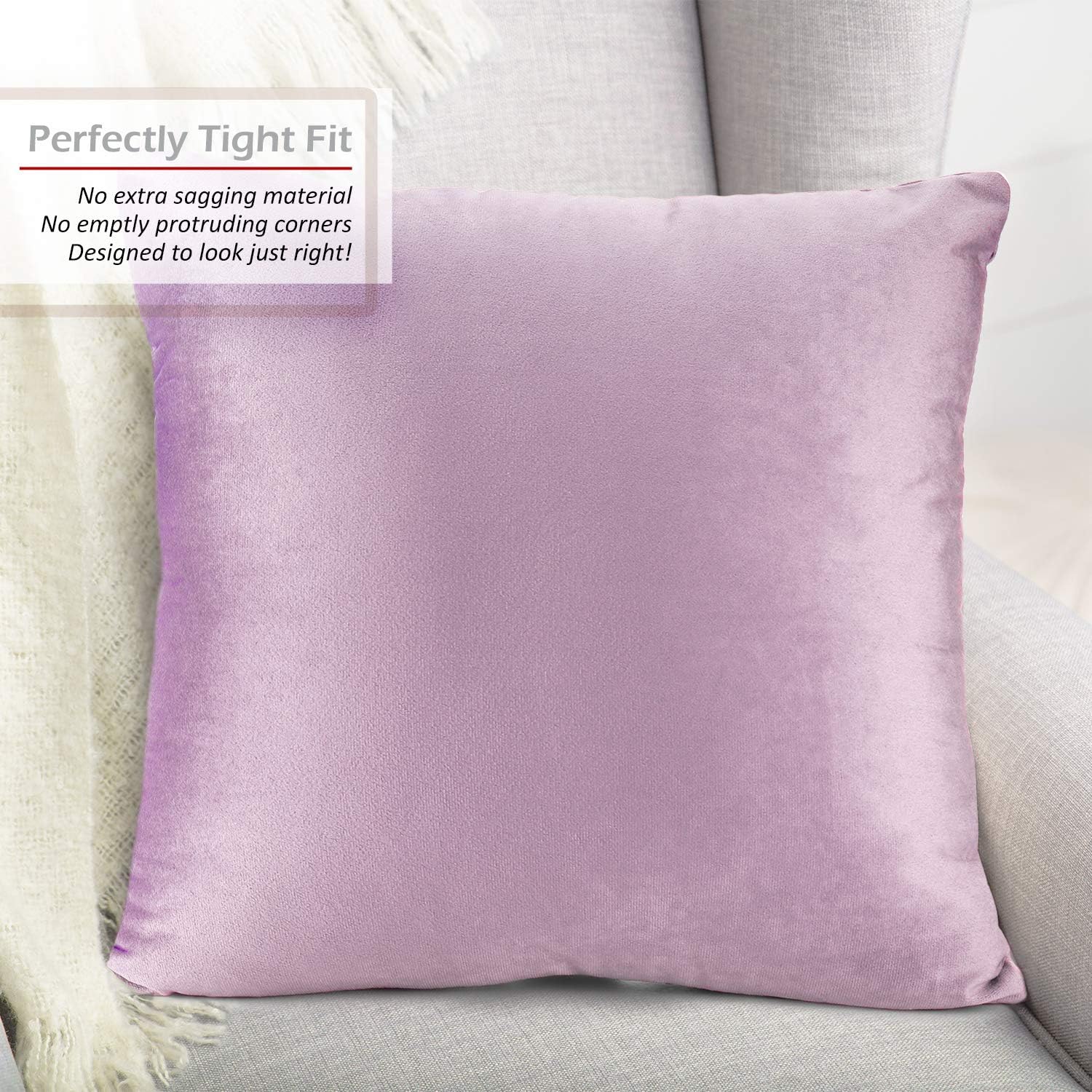 Nestl Throw Pillow Covers, Cozy Velvet Decorative Outdoor Pillow Covers 16 x 16 Inches, Soft Solid Cushion Covers for Sofa, Bed and Car, Set of 2 - Light Gray Lavender