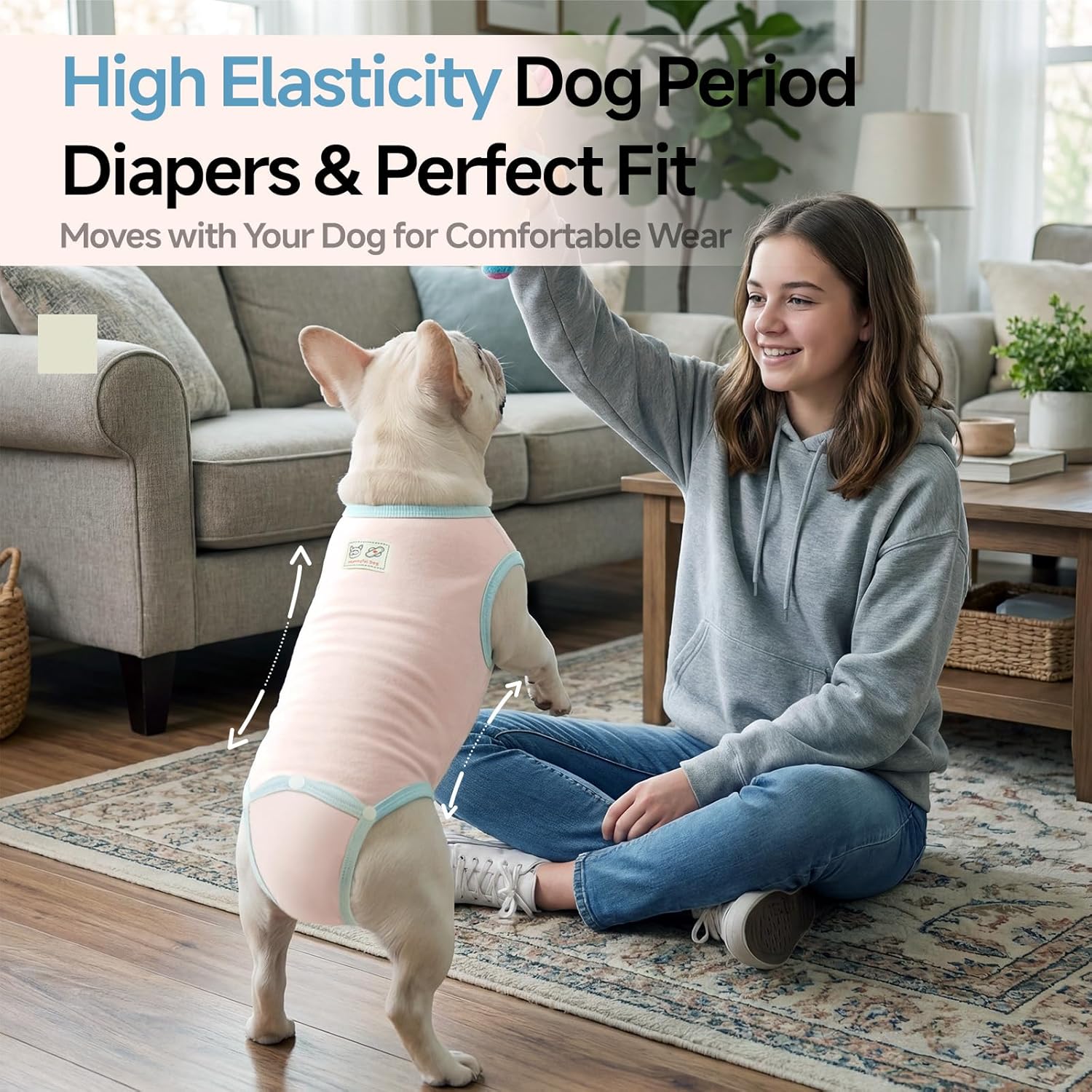 QBLEEV French Bulldog Diapers Female No Tail Hole, Reusable Sanitary Panties for Dogs in Heat or Incontinence, Washable & Escape-Proof Dog Period Underwear Onesie for Docked-Tail Frenchie Boston