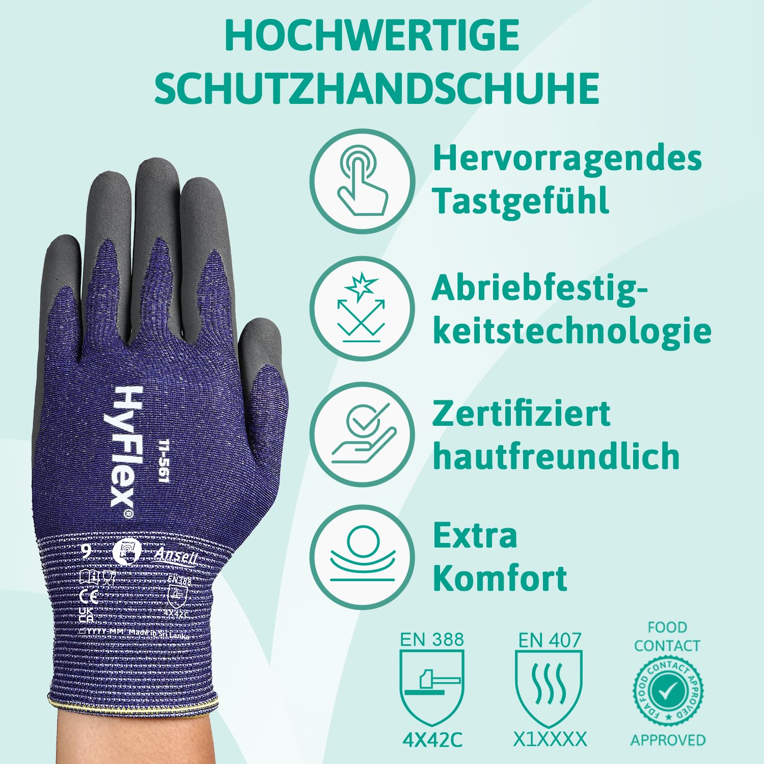 Ansell HyFlex 11-561 Schnittschutz-Handschuhe, Atmungsaktive Nitril-beschichtung, Höchste Weiterreißfestigkeit, Dünne Arbeitshandschuhe Herren Damen, Waschbare, Blau, Größe S (12 Paar)