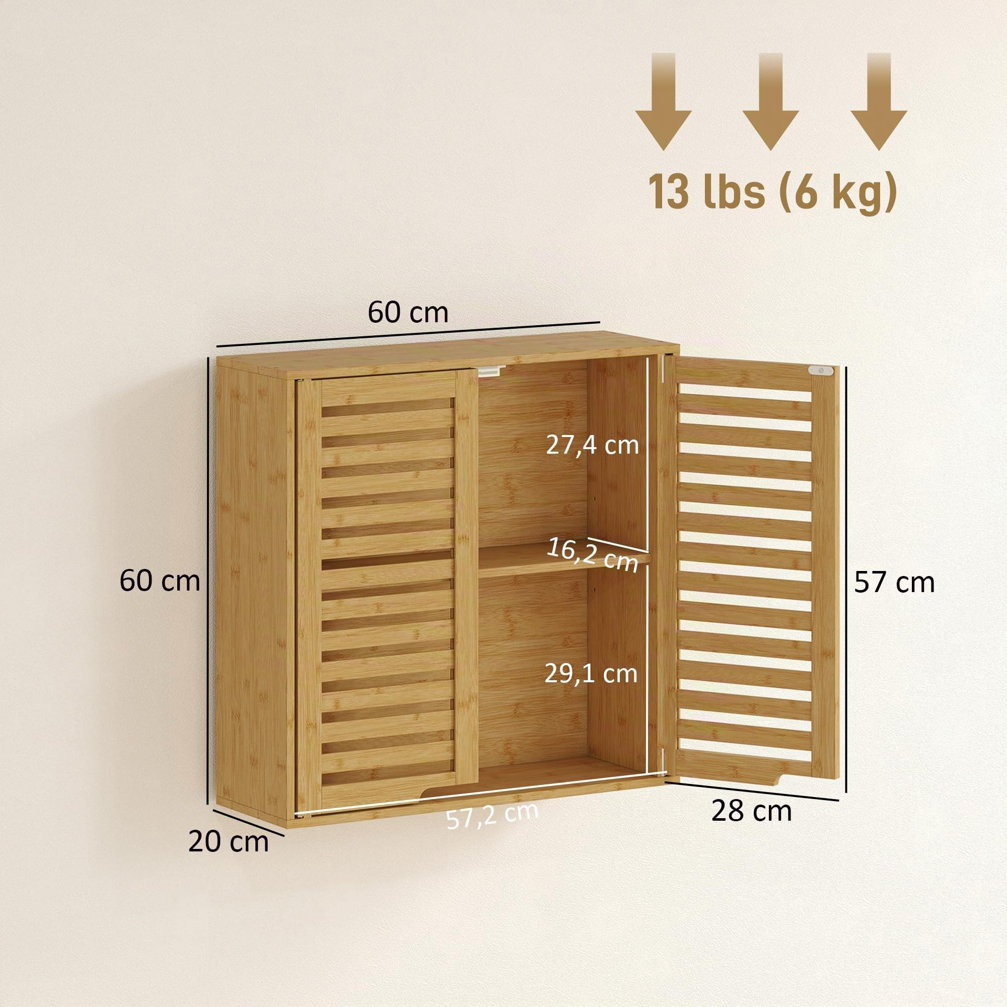 HOMCOM Armario de Baño de Pared de Bambú con Estante Regulable Natural | Puertas de Lamas, Mueble de Baño Colgante, Armario de Almacenamiento sobre el Inodoro, para Cocina y Lavadero