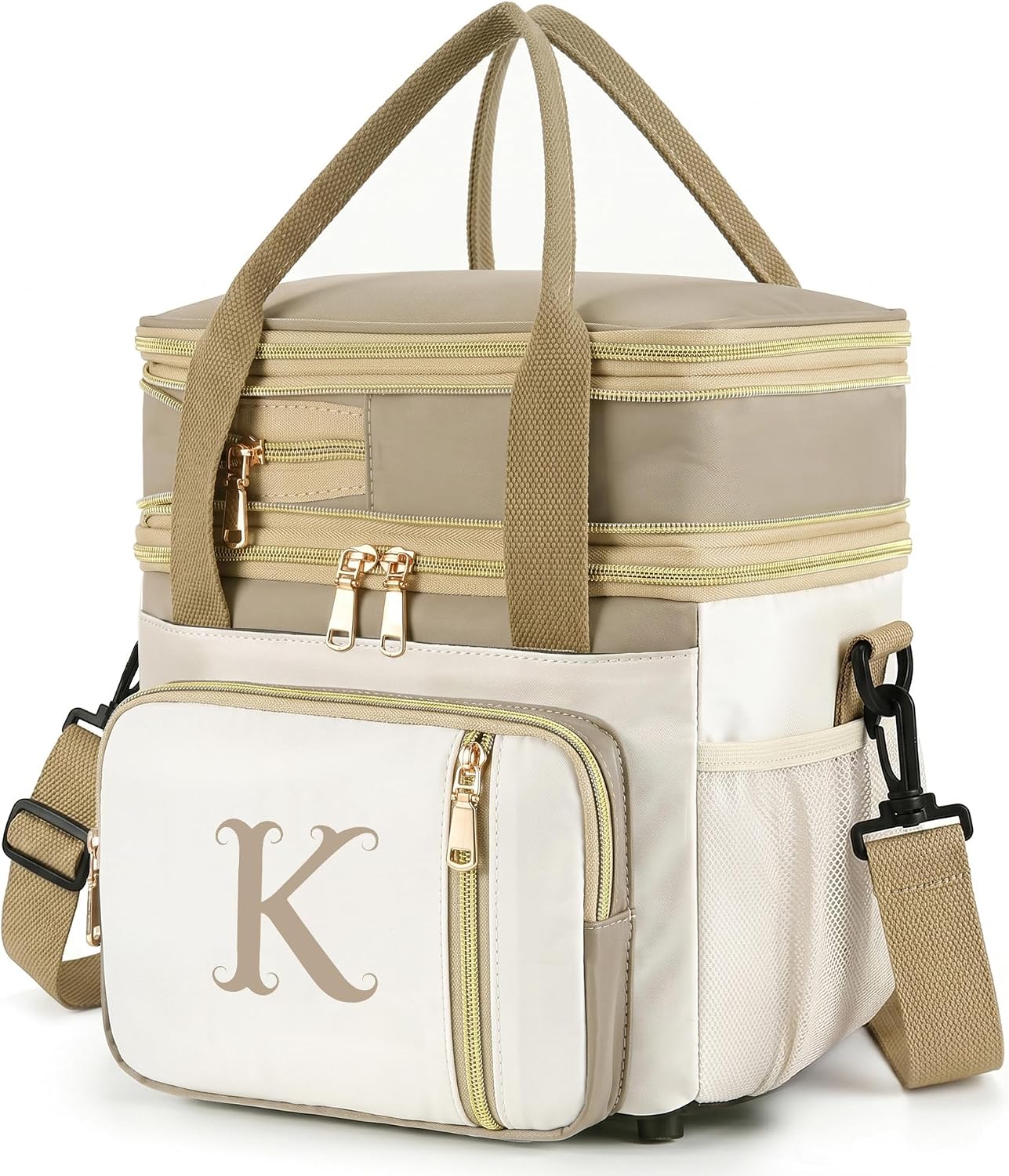 LOKASS Personalized Initial Lunch Bag for Women, Double Deck Insulated Cooler Lunch Bag with Strap, 16L Large Leakproof Adult Lunch Box for Work, Picnic, Travel, Teachers, Nurses, Friends - K