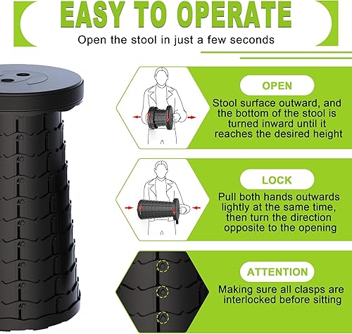 Miniatura 6 de ALEVMOOM Taburete plegable mejorado para adultos con cojín, taburete telescópico retráctil, silla portátil para acampar al aire libre, pesca,