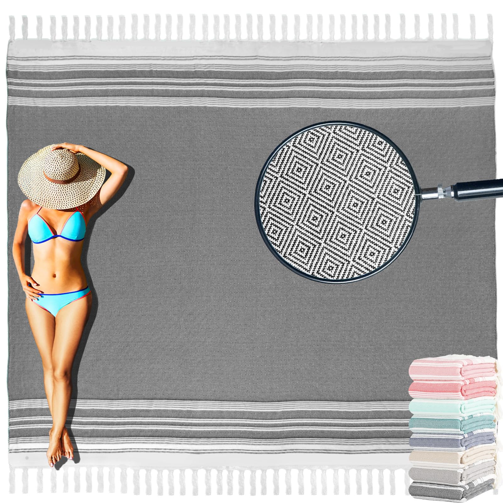 Yongoes Turkish Beach Towel Blanket Oversized 82x88 Black Boho