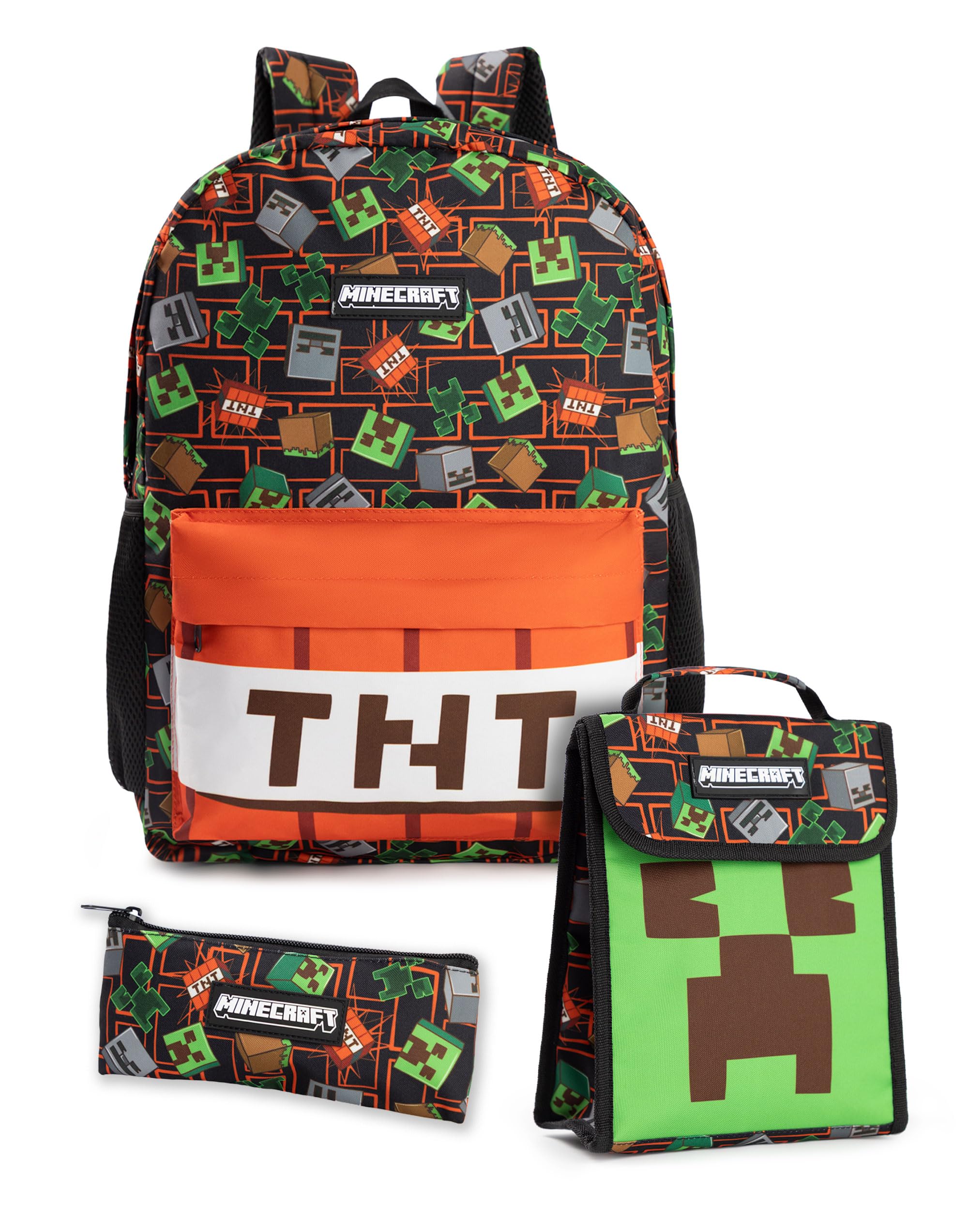 Minecraft Creeper & TNT Unisex Kids Multicoloured 3 Piece Backpack Set | Zipper & Hook Closure | Carry School Supplies | Back to School Essentials Merch