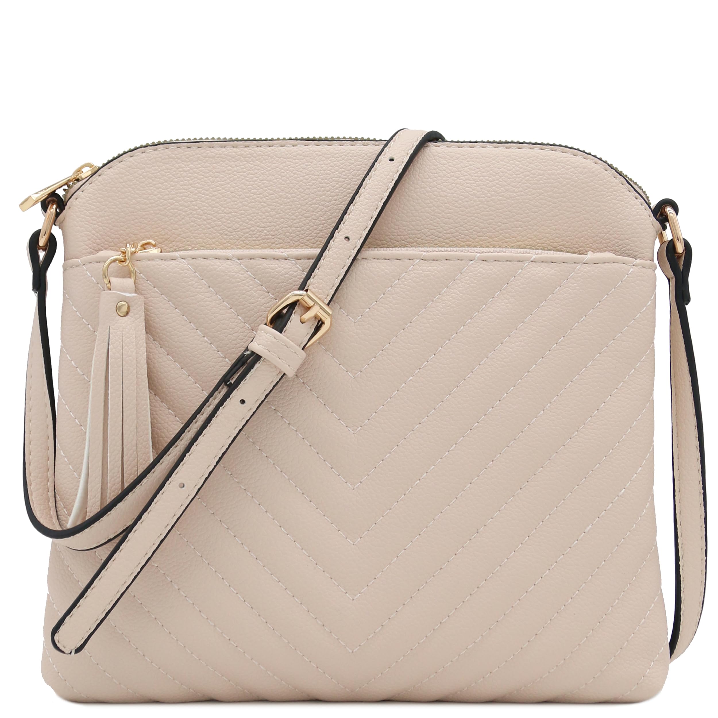 FashionPuzzle Chevron Quilted Medium Crossbody Bag with Tassel Accent, Nude, One Size