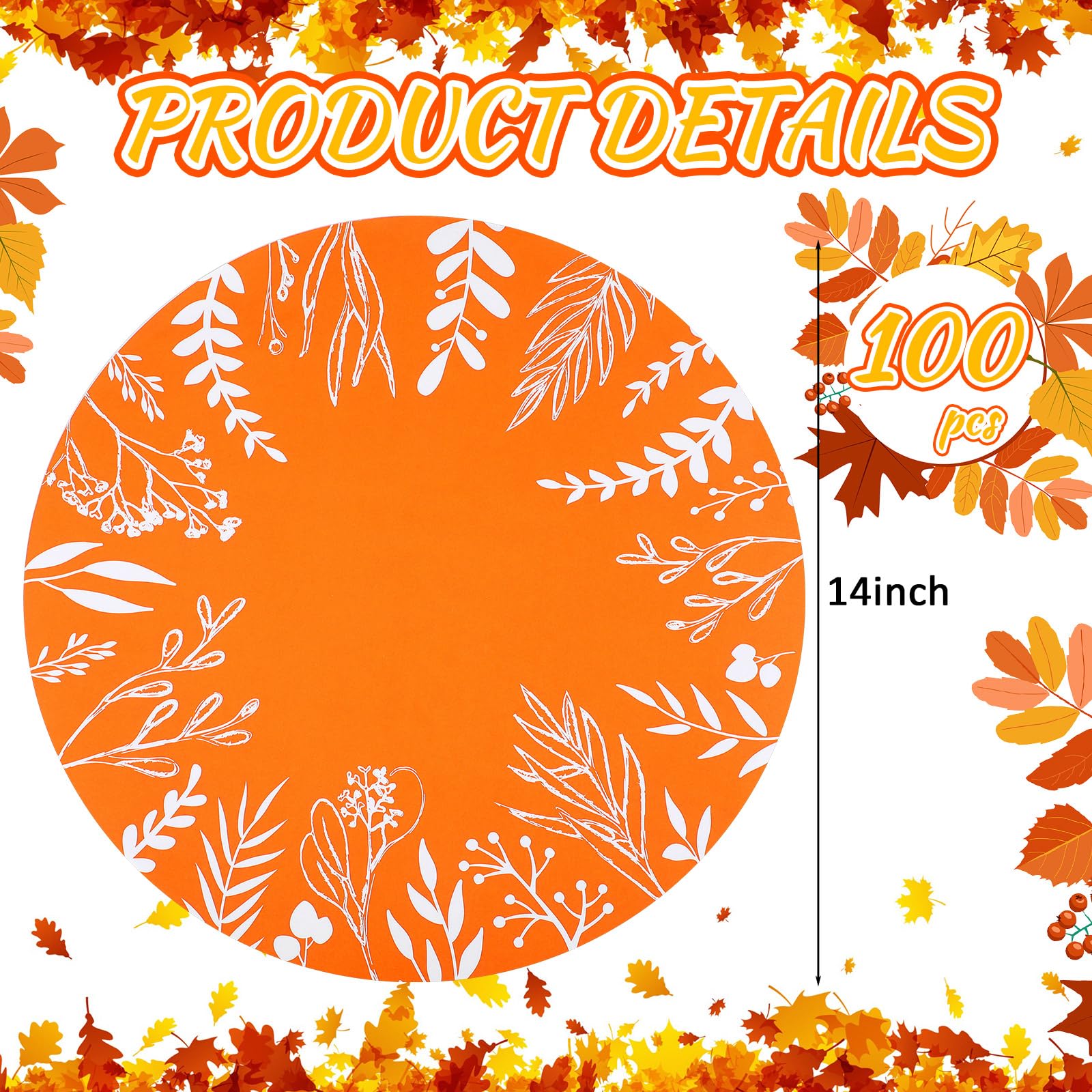 Tinlade 100 manteles individuales redondos de hojas de eucalipto naranja de 14 pulgadas, manteles individuales redondos desechables de papel para decoración de comedor