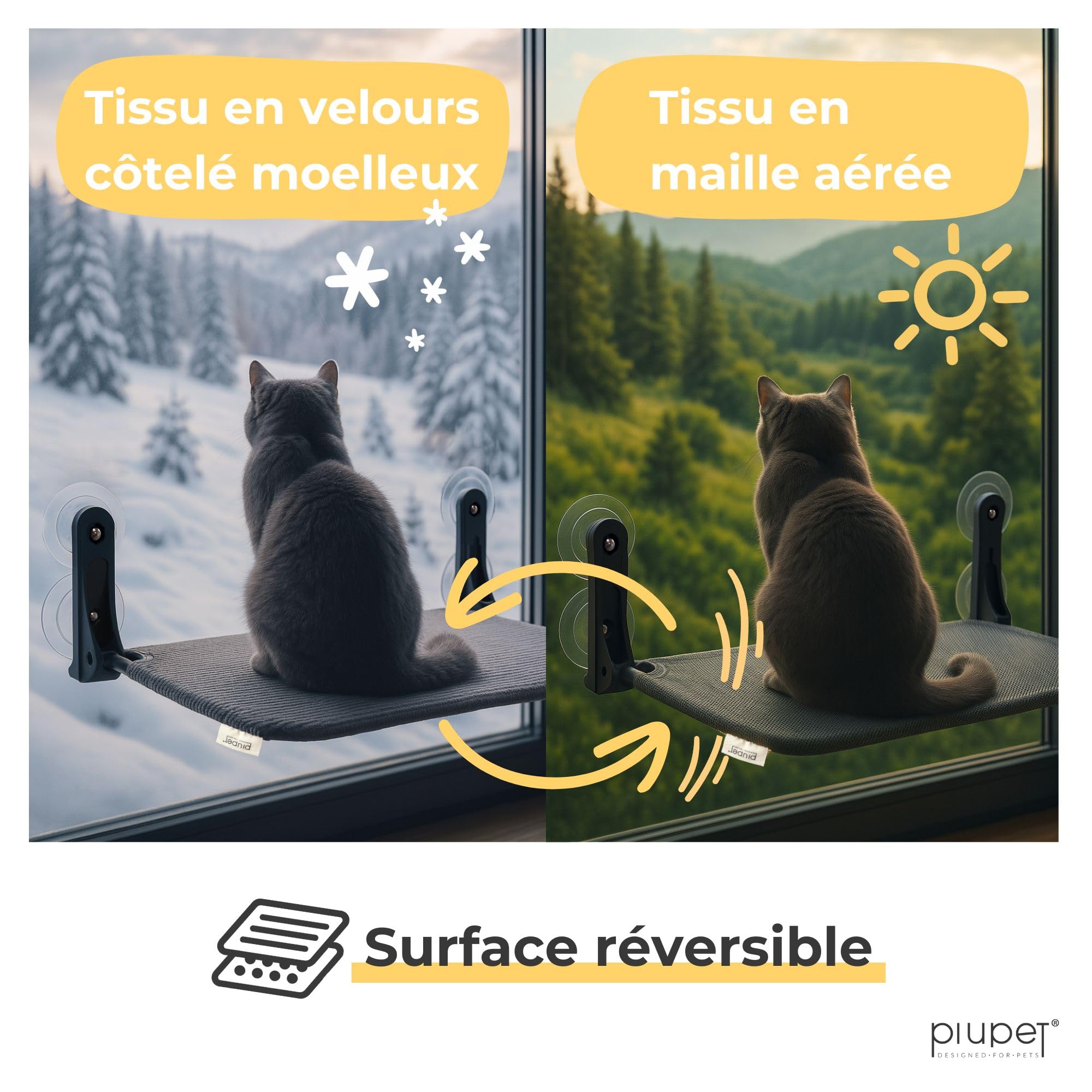 Chaise Longue Flottante pour Chats - Chaise Longue Pliable et Peu encombrante avec ventouses I Hamac réversible pour fenêtres en Gris et Vert I Lit pour Chats jusqu'à 20 kg | Hamac Chat Fenetre (Gris)