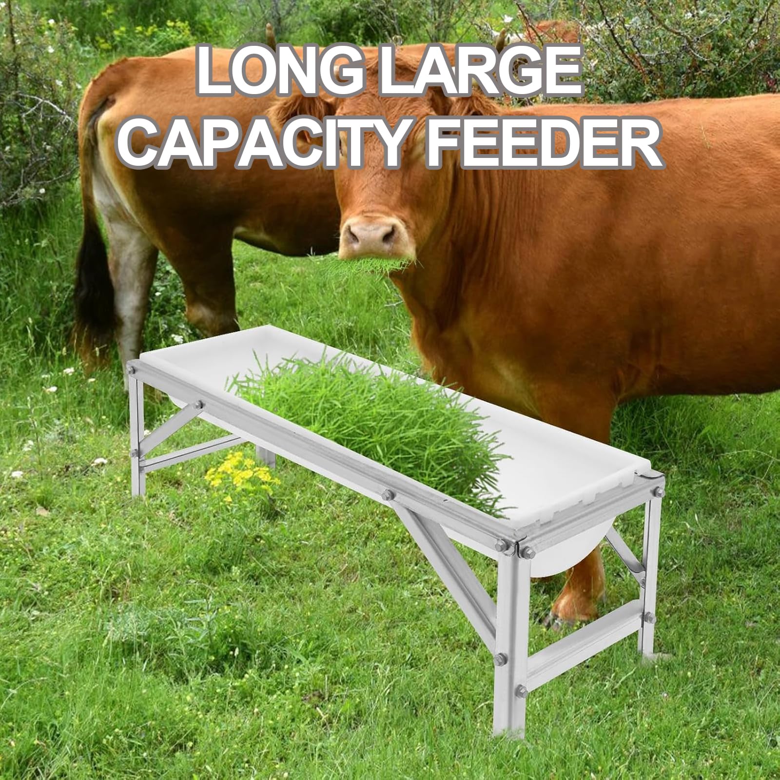 Comedero para ganado con soporte de metal, comedero de gran capacidad con estructura triangular, ideal para cabras, ovejas, caballos y alpacas