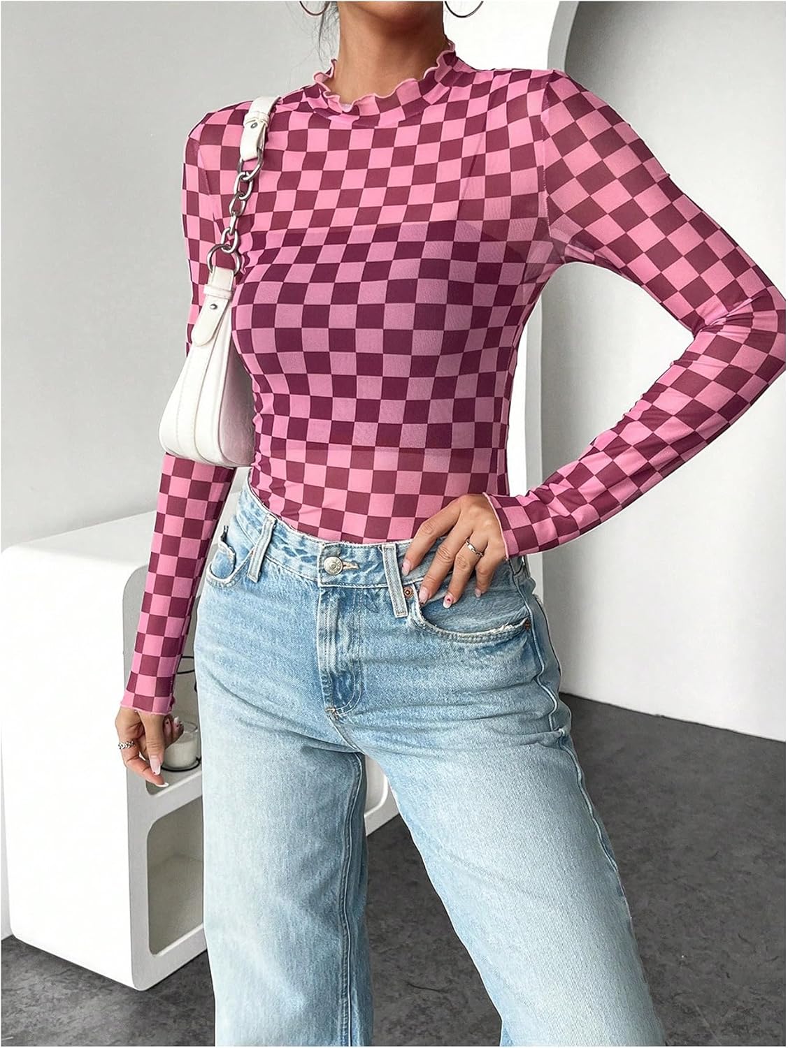 Floerns Women's Checker Print Long Sleeve T Shirts Sheer Mesh Plaid Print Tops - Image 4