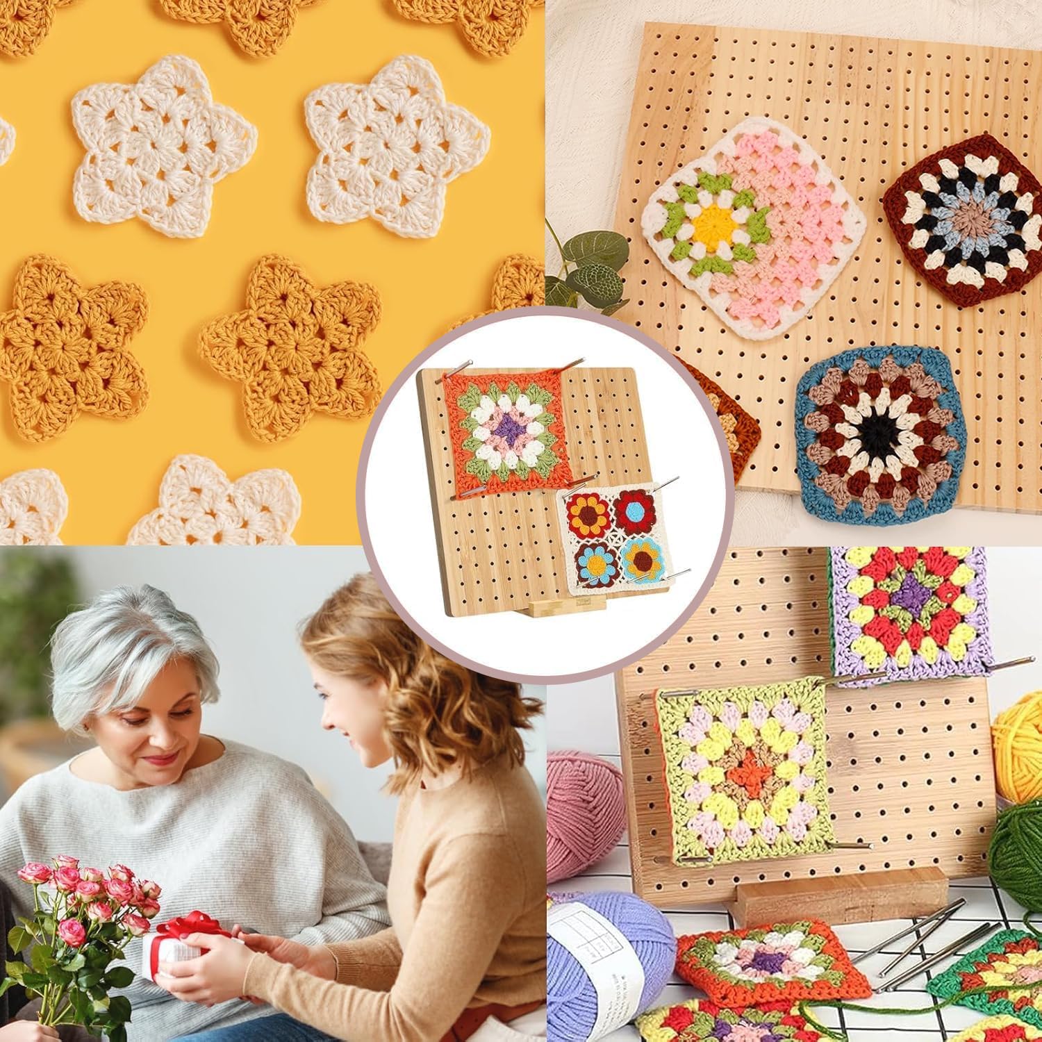 ZPPLD 11.8inch Grand Planche Crochet,Planche Bloc Crochet Granny Square 30x30cm,Kit de Blocage Crochet Bois,Ensemble de 72 pièces Pour Débutants,Planche de Blocage 20 broches