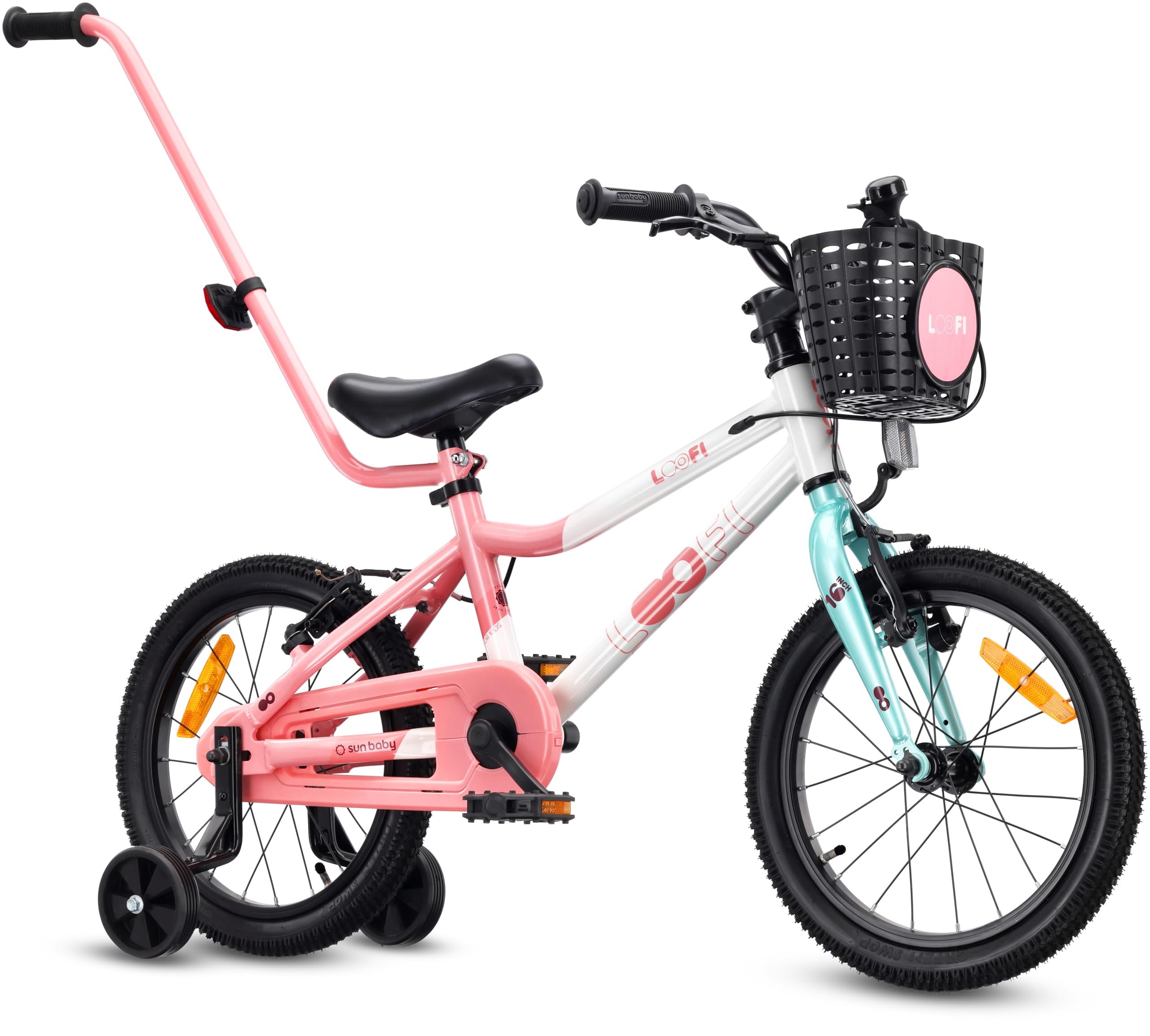 sun baby Bicicletta Bambini LOOFI 12 14 16 Pollici, Bambina e Bambino 2-6 Anni, Max 50 kg - Telaio leggero in alluminio, con rotelle, cestino, campanello, adesivi