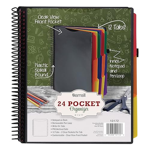 Miniatura 7 de Samsill Organizador de proyectos en espiral de lujo de 24 bolsillos con 12 divisores, bloc de notas recargable, cubierta frontal personalizable,