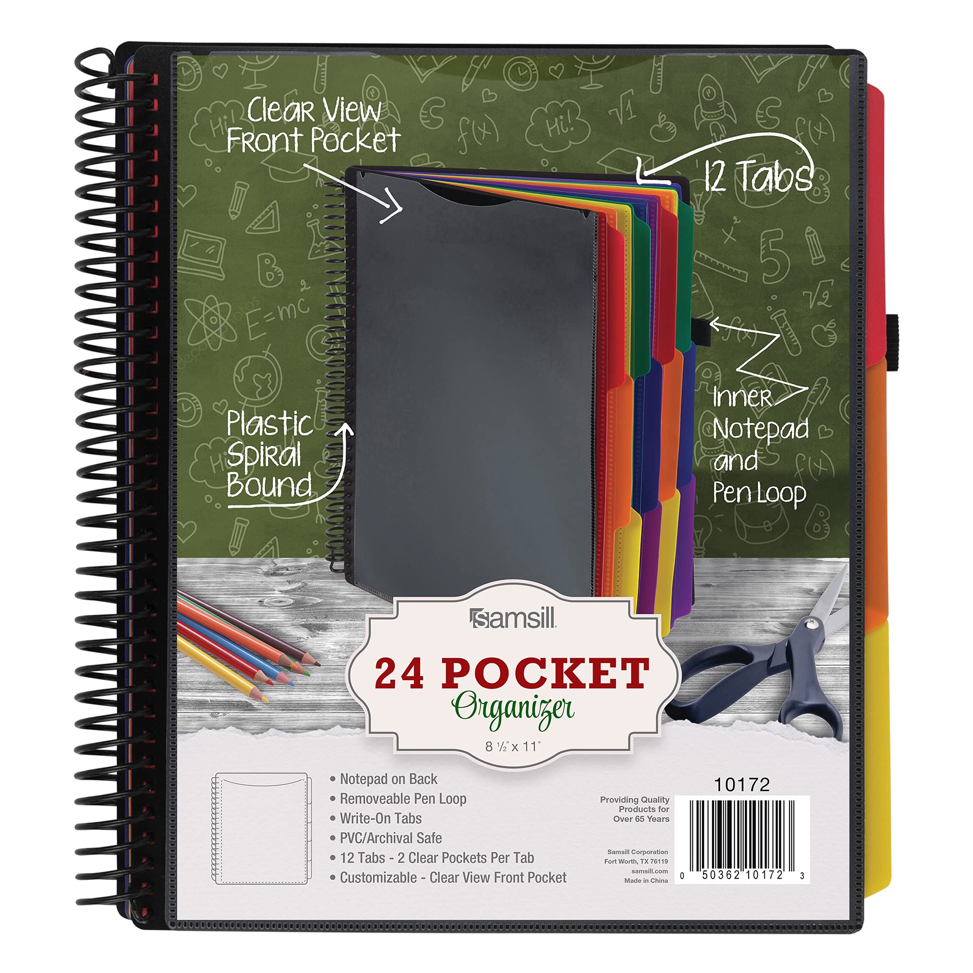 Samsill Deluxe 24 Pocket Spiral Project Organizer with 12 Dividers, Refillable Notepad, Attached Pen Loop, Customizable Front Cover, Erasable Write On Tabs,