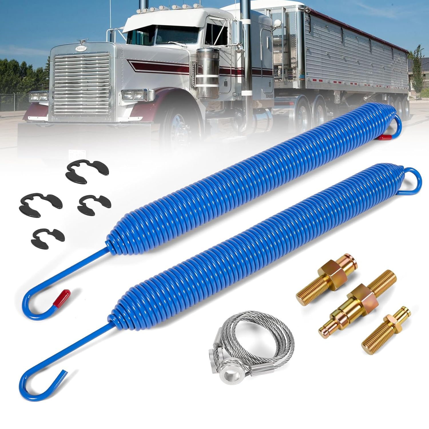2pcs Hood Springs, Cable and Stud Bolts w/Retaining Rings, Fit for Peterbilt 357,377 & 379 Series (1987-2008) Trucks - Replace 13-03761, 13-03663, L92-6000-0718, 13-04638, 13-03662