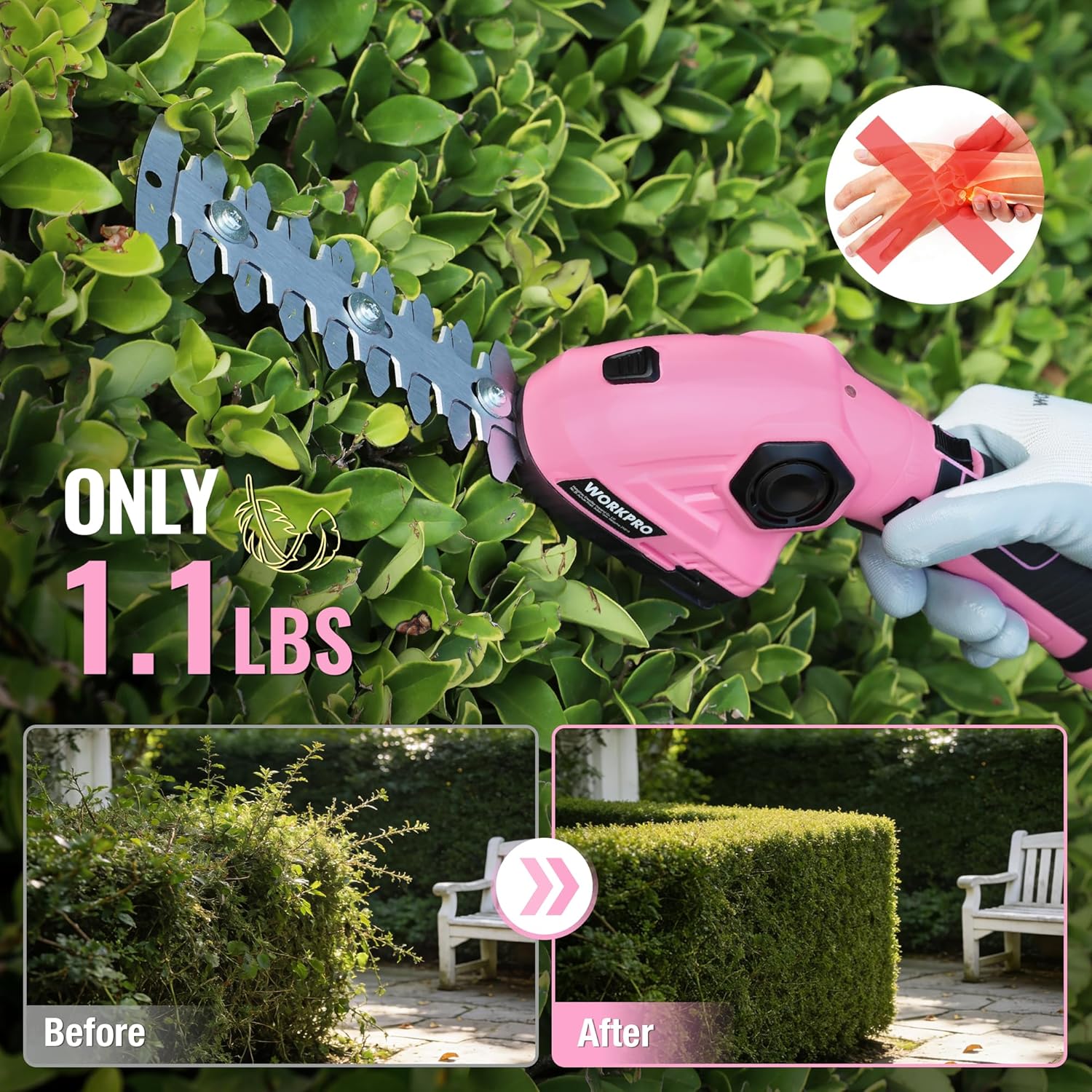 WORKPRO Pink Cordless Grass Shear & Shrubbery Trimmer - 2 in 1 Handheld Hedge Trimmer 7.2V Electric Grass Trimmer Hedge Shears/Grass Cutter 2.0Ah Rechargeable Lithium-Ion Battery - Pink Ribbon