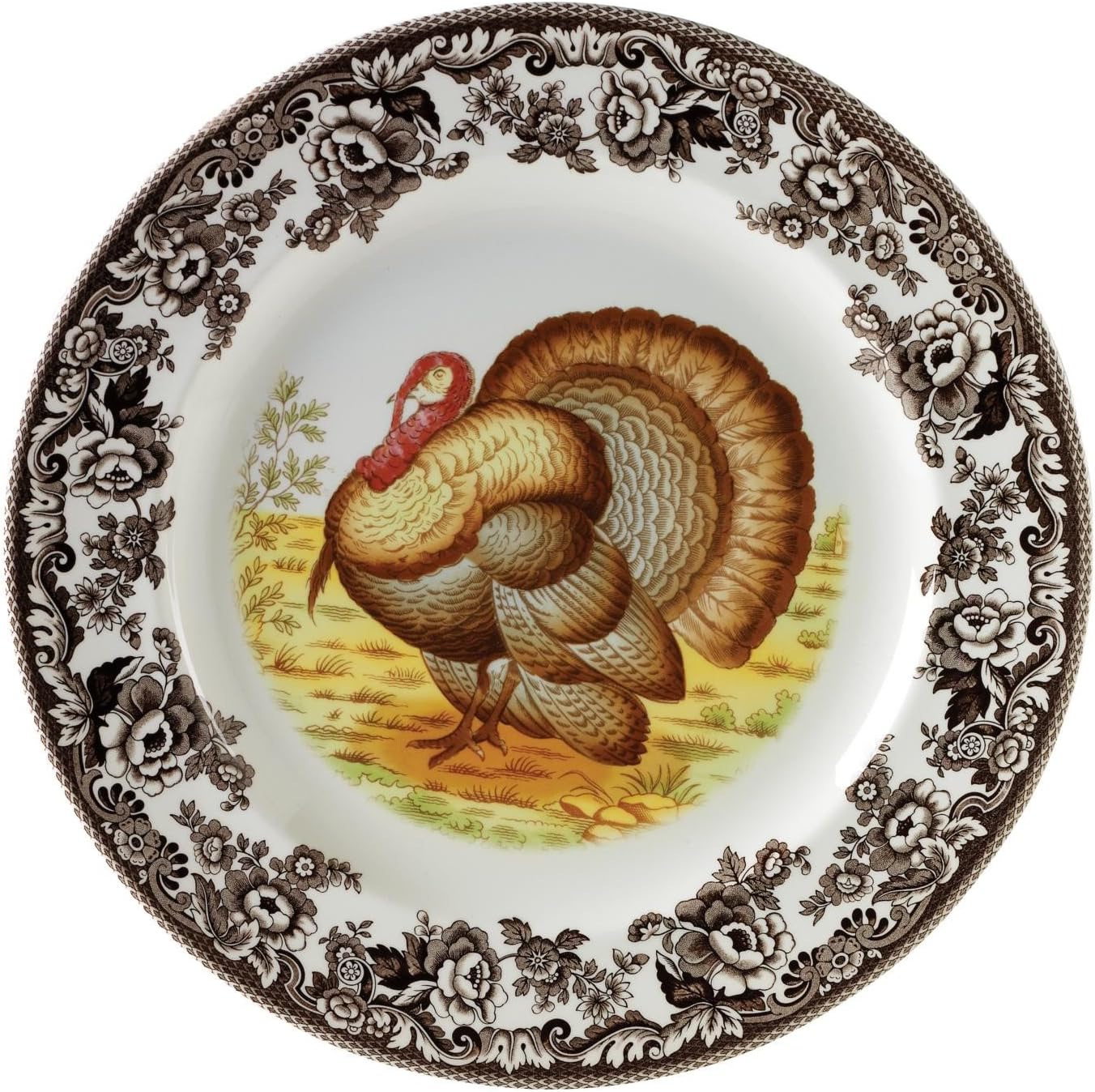 Spode Woodland Turkey Round Platter - 12" Fine Porcelain Serving Tray with British Flowers Border, Rustic Thanksgiving Design - Microwave, Dishwasher, Freezer & Warm Oven Safe - Made in England