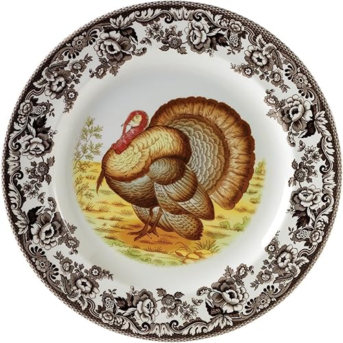 Spode Woodland Turkey - Bandeja redonda de porcelana fina de 12 pulgadas con borde de flores británicas, diseño rústico de Acción de Gracias, apto