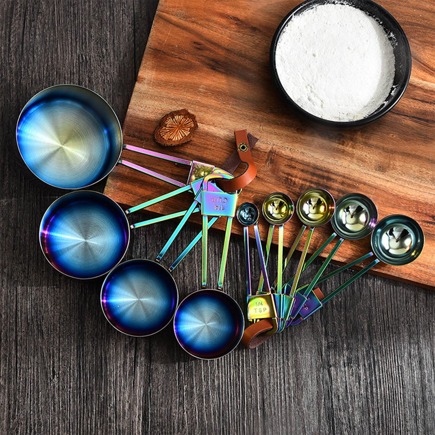 Ensemble de Tasses et Cuillères à Mesurer avec Anneau en Cuir Ustensiles de Cuisine 9 Pièces Empilable Acier Inoxydable Cuillère à Café pour Sec Humide