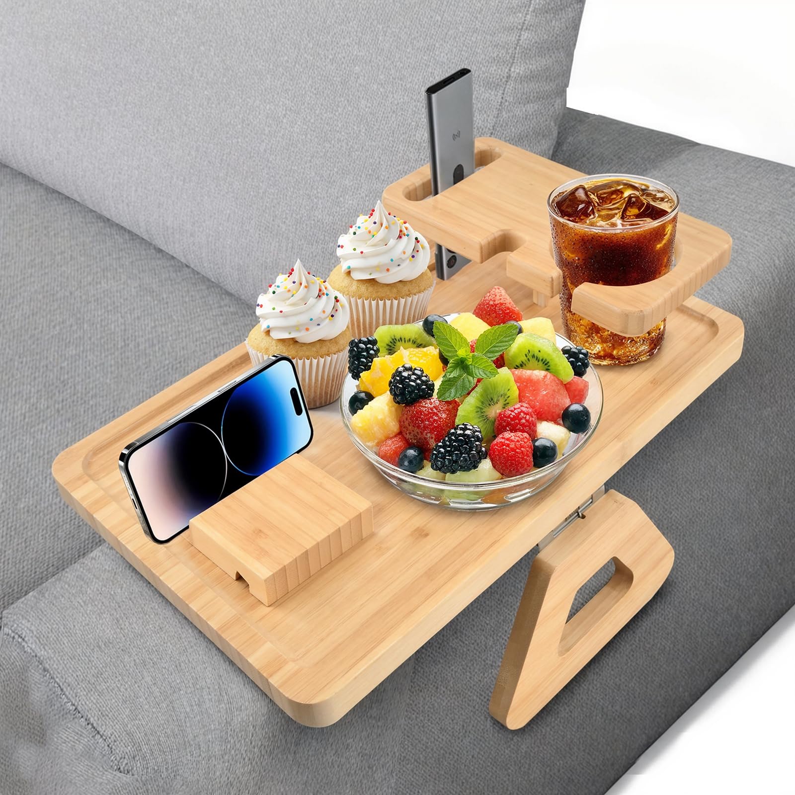Vassoio da Braccio di Divano di bambù Pieghevole Vassoio da Bracciolo con Clip Vassoio da Divano Antiscivolo con Portatelefono e Portatazza per Snack Bevande Telecomando