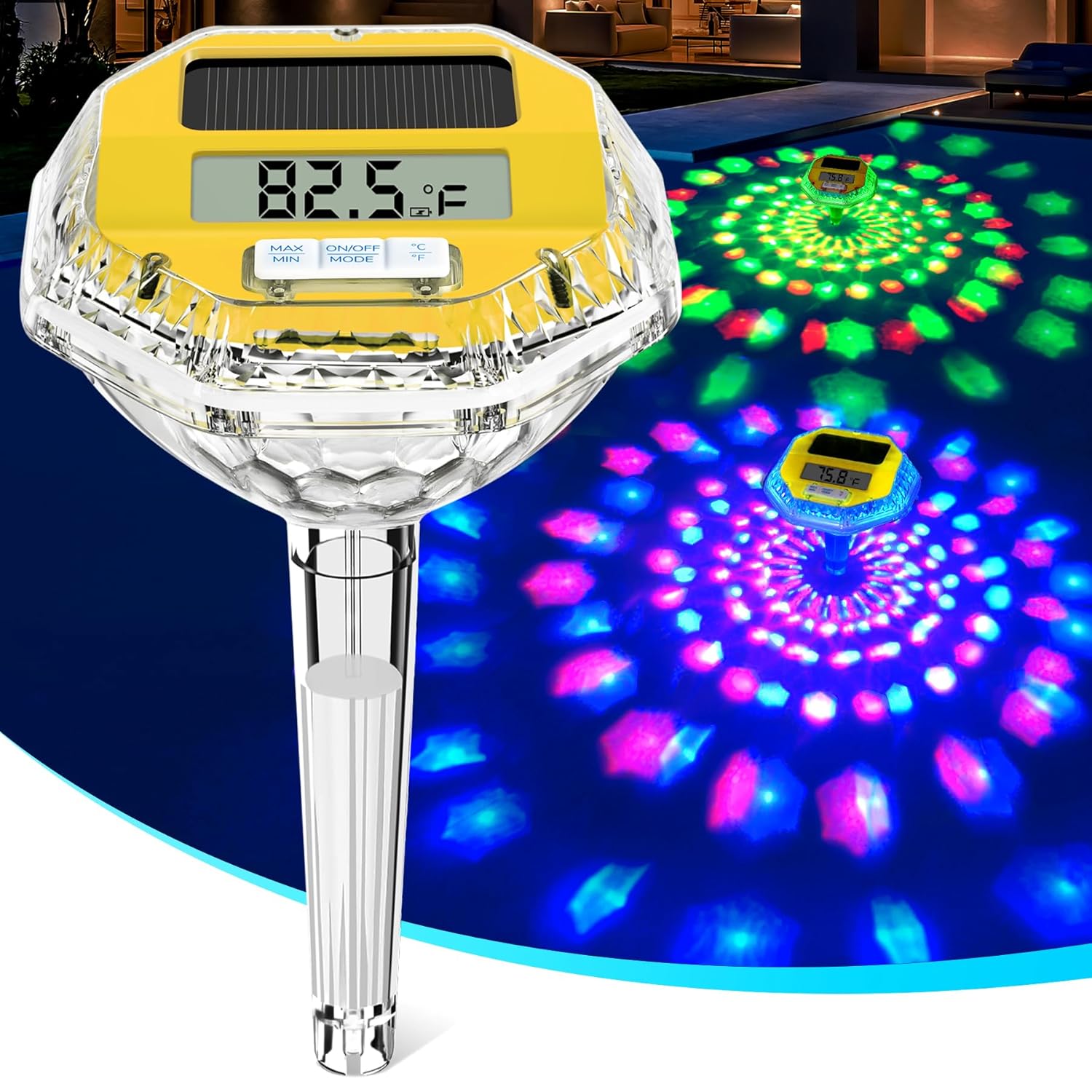 2025 Upgrade Digital Pool Thermometer Floating Easy Read, Solar Pool Thermometer with 7 Dynamic Light Show, Large LCD Screen & IP68 Waterproof Pools Water Temperature Thermometers, Yellow