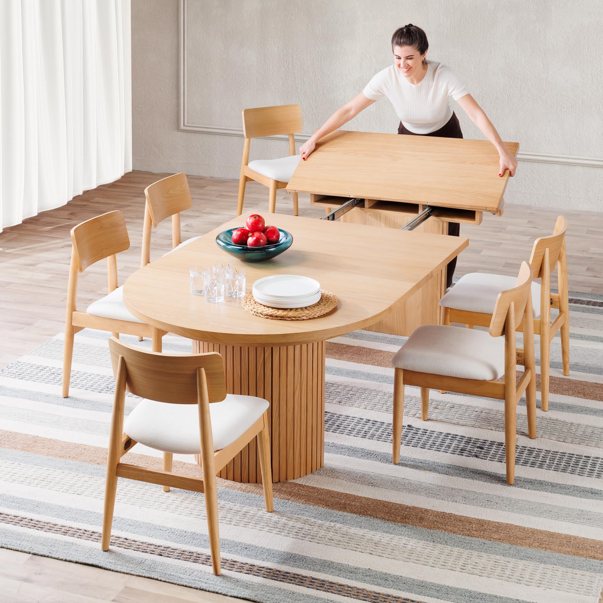 Transformer Table - Solid Wood Extendable Round Dining Table Set with 6 Chairs, Seats 2-10, Extendable Round Dining Set, Space-Saving Modern Furniture