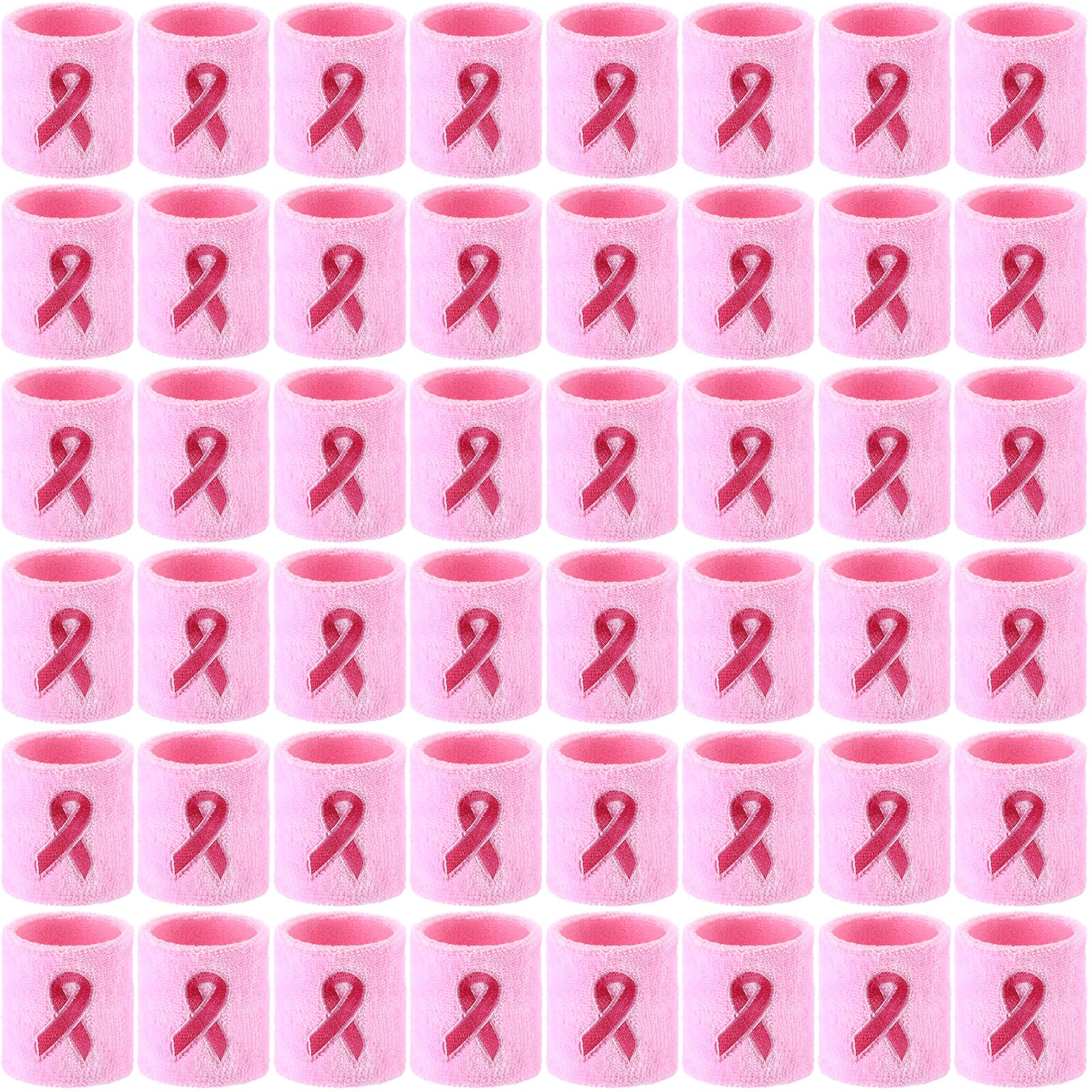 48 Pcs Breast Cancer Awareness Wristbands Pink Ribbon Sweatbands Football Wristbands Baseball Wristbands for Football Basketball Running Athletic Sports Accessories Bands (Pink)