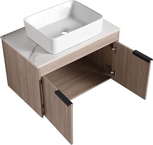 Miniatura 8 de Combinación de tocador de baño de 30 pulgadas con lavabo, moderno tocador flotante montado en la pared con lavabo de cerámica y puerta de cierre