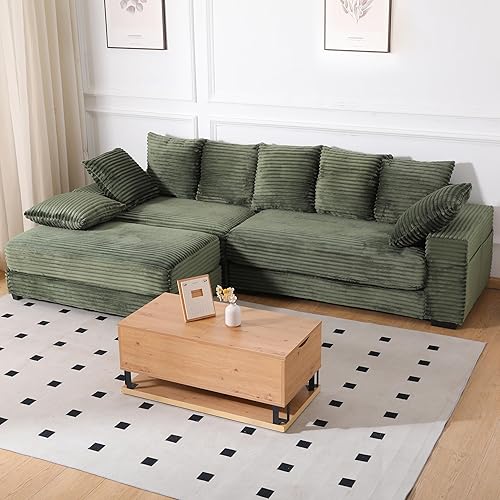 108.6" Corduroy Modular Sectional Sofa with Ottoman & Storage, Modern Deep-Seat L-Shaped Sectional with 8 Pillows, Cloud-Like Couch for Living Room, Office & Apartment, Green