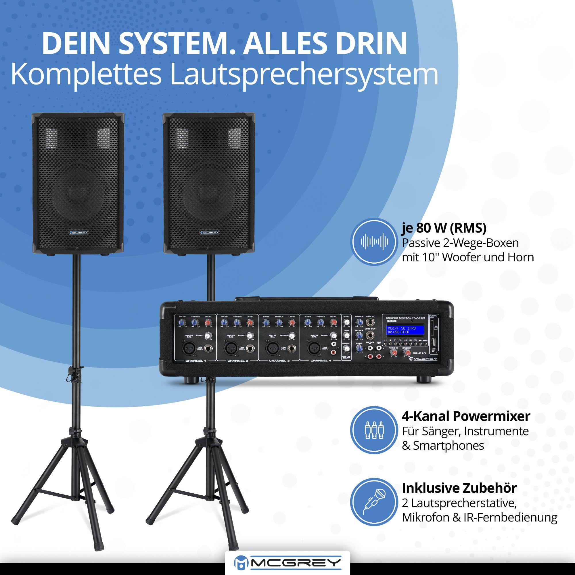 McGrey BP-210 Bandpack PA-Anlage 4-Kanal Powermixer Bluetooth 2-Wege-Lautsprecher 10" Woofer Horn 100 Watt