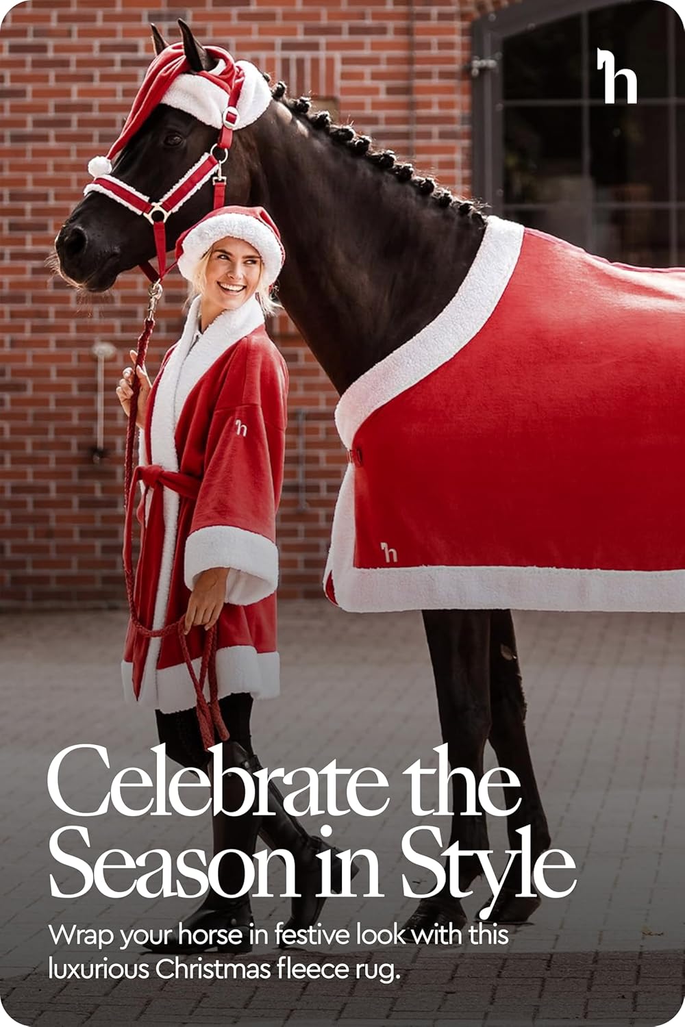HORZE Santa Christmas Fleece Horse Cooler Blanket with Faux Fur - Red - 78 in