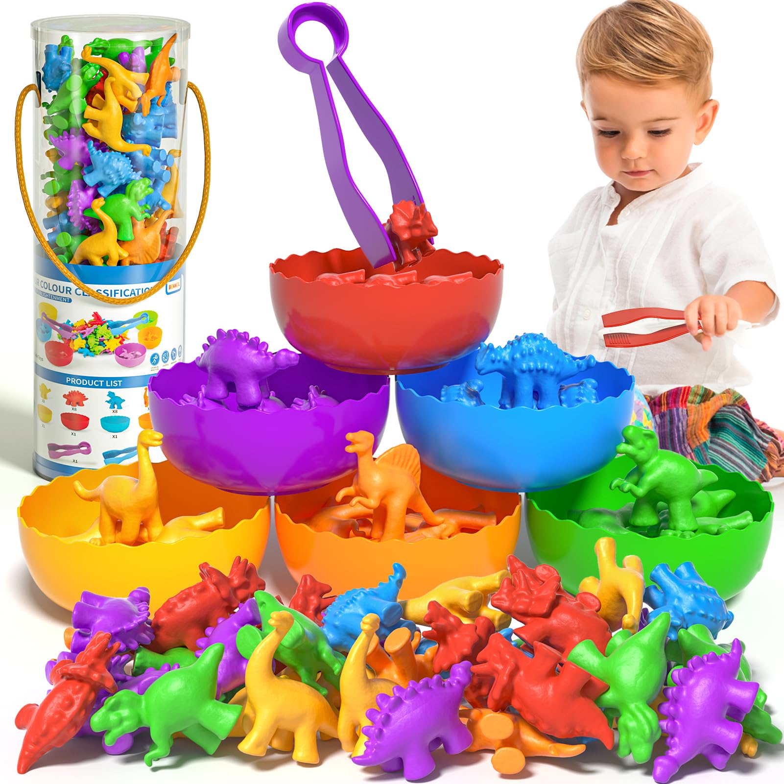 BennolCounting Dinosaurs Montessori Toys for 1 2 3 4 5 Years Old Toddlers Boys Girls, Matching Color Sorting Stacking Games Learning Sensory Toys for 1 2 3 4 5 Years Old Toddlers Kids