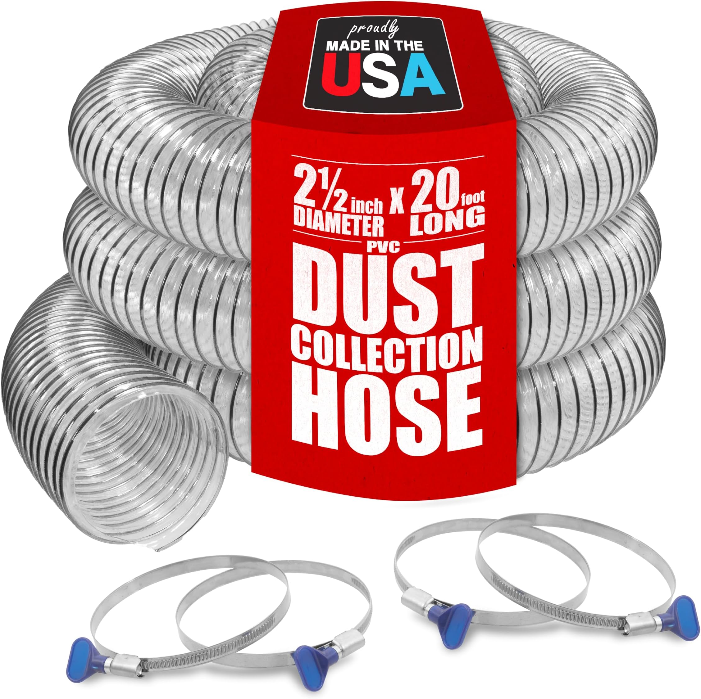 PVC Dust Collection Hose w/4 Thumbscrew Clamps, Puncture Resistant, Carbon Steel Wire, Clear Flexible PVC Dust Collector Hose, Proudly Made in USA (2 1/2" x 20')